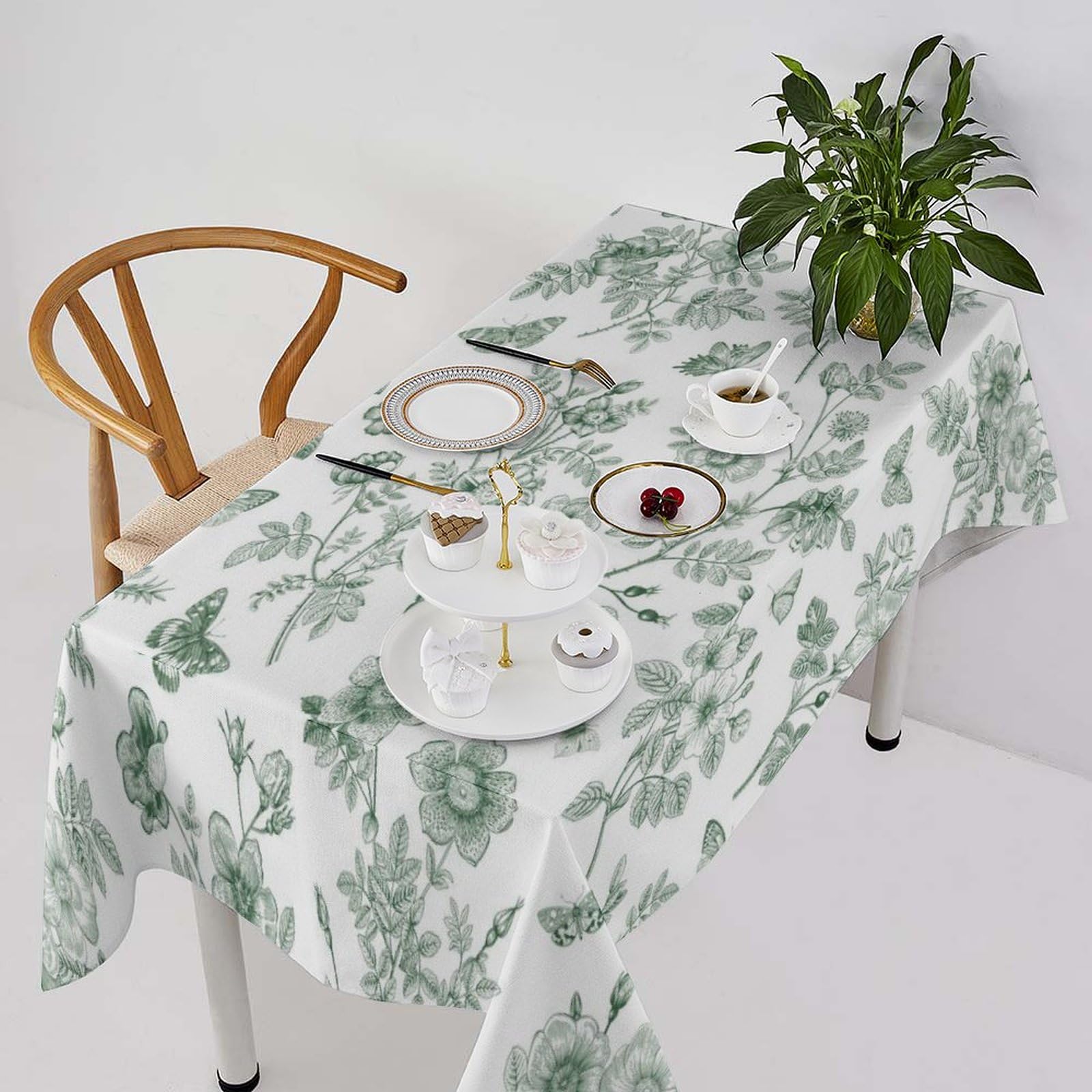 Silnuo Farmhouse Tablecloth - 60x70 Inch, Shabby Green Ruffle With White Floral Embroidery, 100% Cotton For Dining & Kitchen - View #6