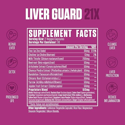 Miniatura 2 de Liver Guard 21x  Suplemento de desintoxicación, reparación y limpieza hepática #1 con cardo mariano, alcachofa, diente de león + más  100% natural