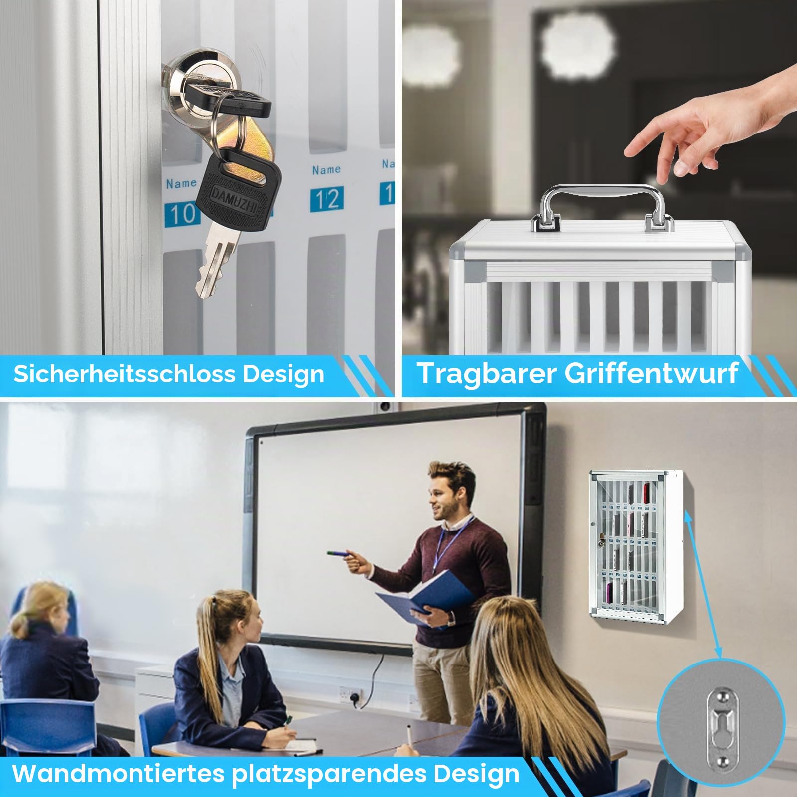 36 Slots Handy-Aufbewahrungsschrank, tragbare Box mit Griff, Wandmontage-Schließfach für Klassenzimmer