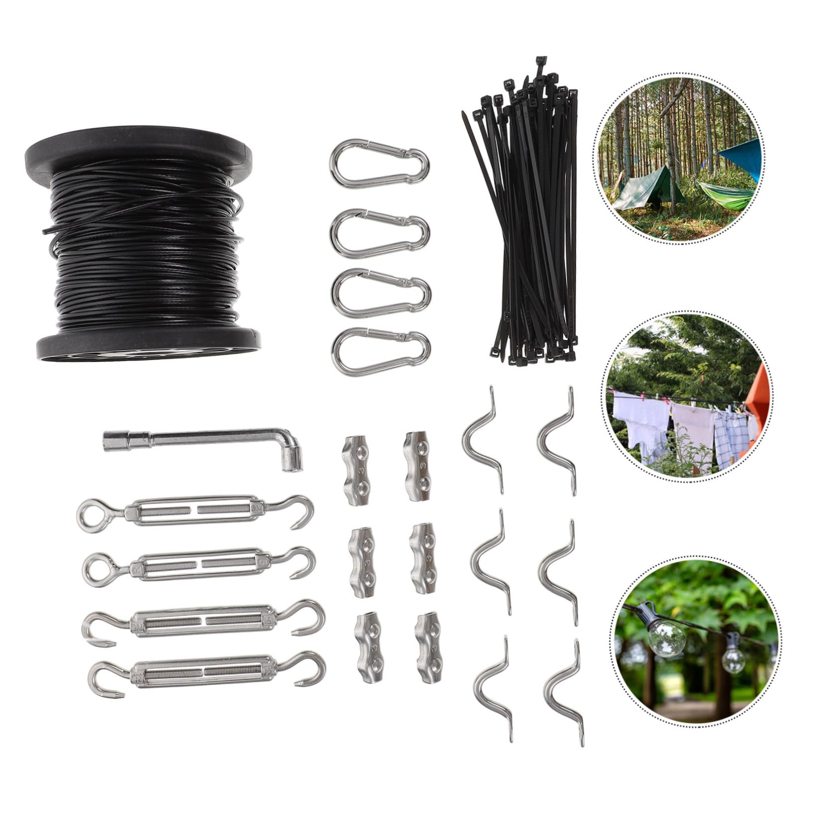 Zubehör für Lichterketten Aufhängeset 1 Satz Edelstahl Schwarz | Außenanwendungen, Verstellbare Spannung mit Gewinde Spanner, Pvc und Edelstahl Ausführung