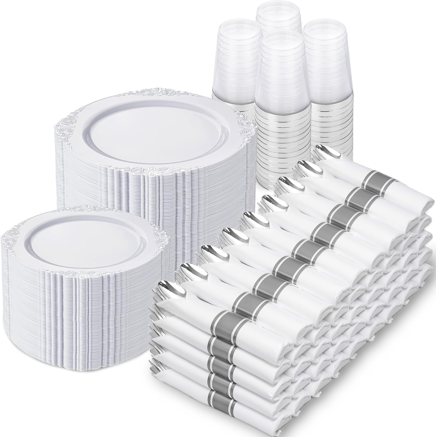 Nervure 700PCS Silver Plastic Plates - Silver Plastic Dinnerware Sets for 100 Guests - 200 Disposable Plates, 300 Silverware, 100 Cups, 100 Napkins for Wedding & Party White and Silver