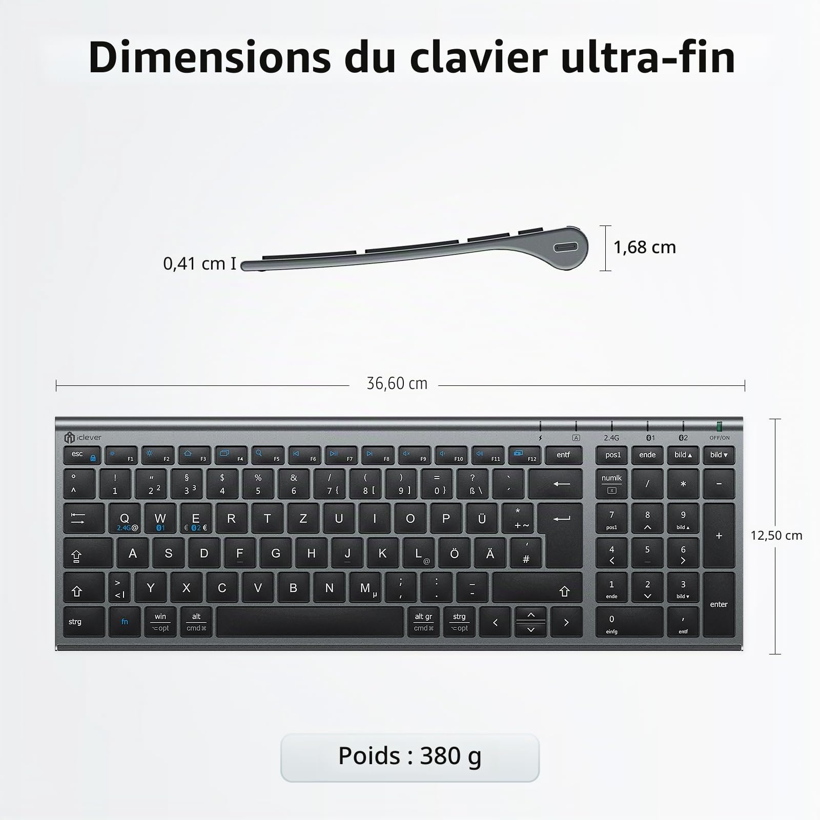 iClever Ensemble clavier et souris sans fil, clavier Bluetooth avec souris, Bluetooth + 2,4 G, 3 appareils simultanément, USB-C, rechargeable, silencieux, QWERTZ pour Windows, Mac, PC, iPad, Android