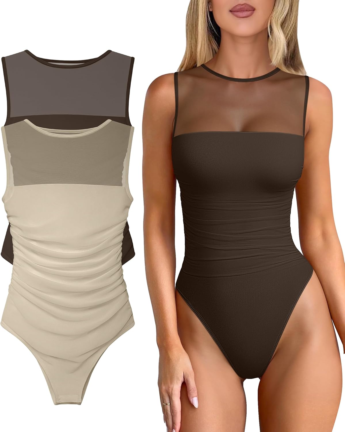 OQQ Women 2 Piece Bodysuit Mesh Ruched Sleeveless Turtle Neck Shapewear Body Suits One Piece Leotard Shirt Going Out Tops