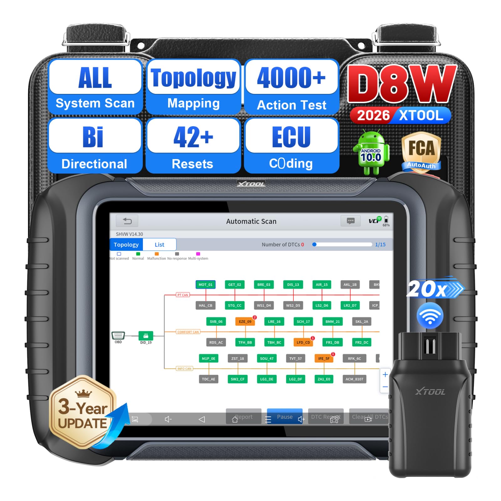 - XTOOL D8W AI-Assisted Bidirectional Scan Tool, All System Automotive Diagnostic Tool, Bi Directional OBD2 Scanner with Topology Mapping, ECU C0ding, PMI, 42 Services, FCA, CANFD & DoIP, 3-Yr Update