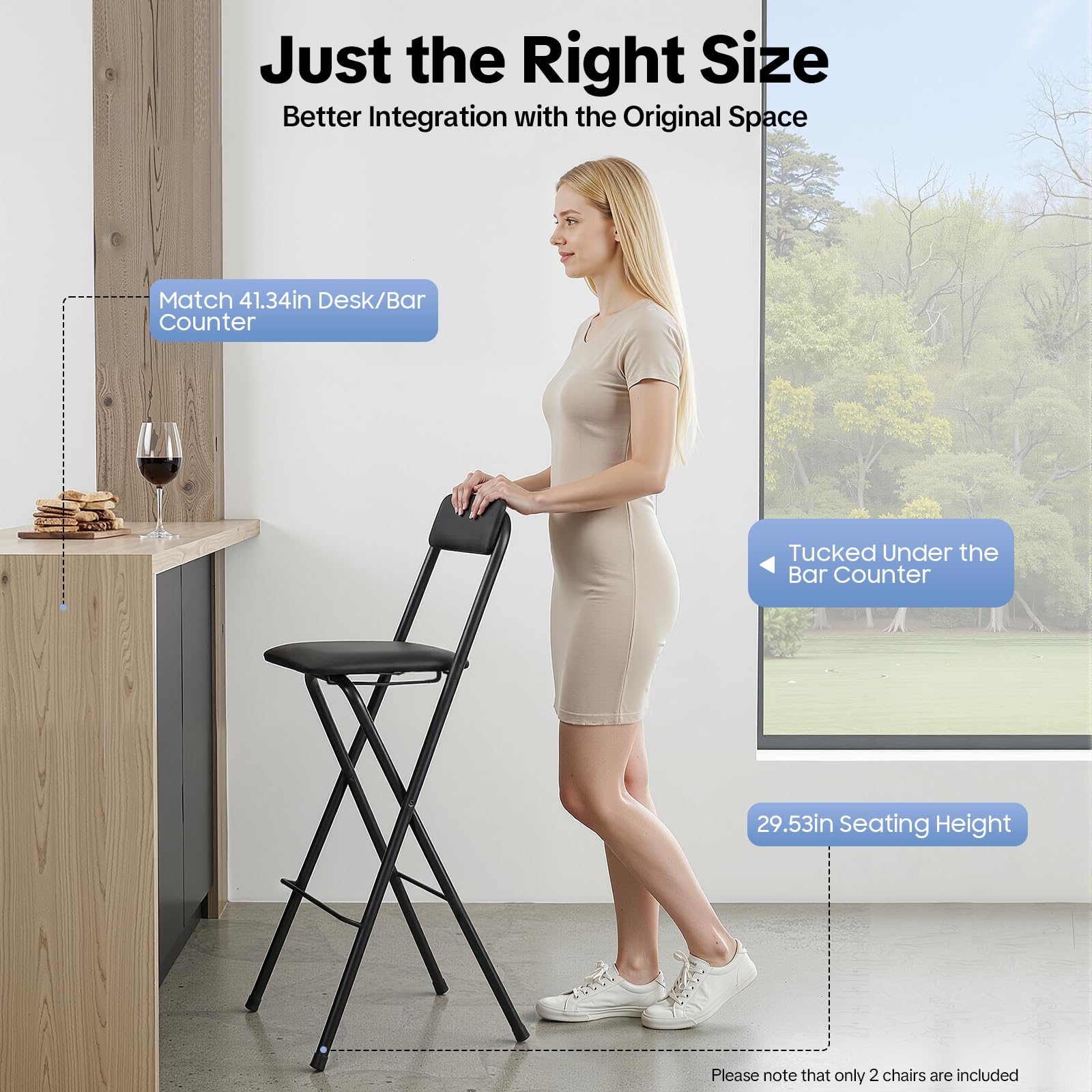 2 taburetes de bar plegables, silla de bar, silla plegable, asiento acolchado, marco de acero, ahorra espacio, plegable, estable, cómodo, cocina, salón, bar, cafetería, balcón, 75 cm, altura