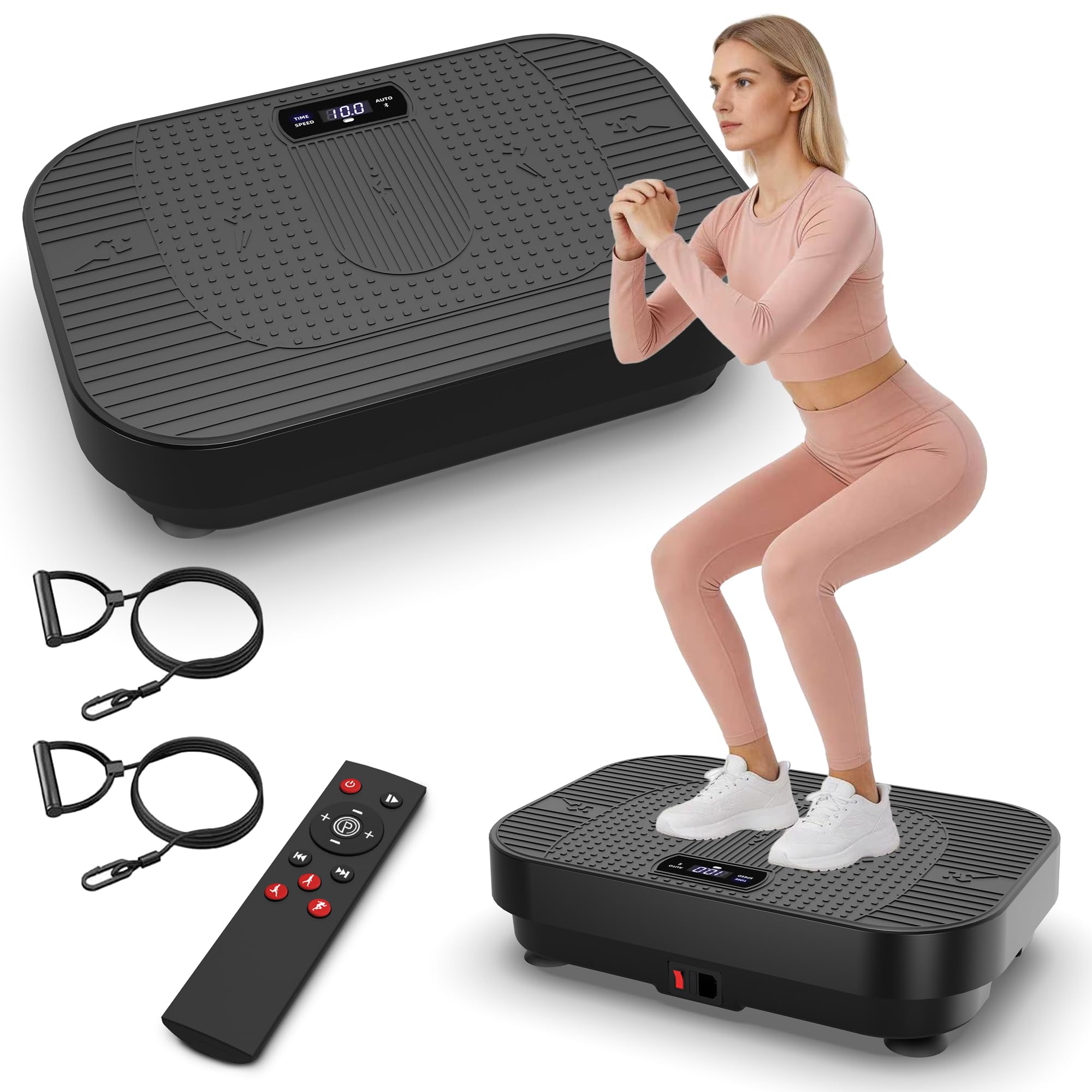 Plataforma vibratoria con función de música BT, 1-199 niveles de velocidad y 5 programas de entrenamiento, plataforma de agitación para entrenamiento de cuerpo completo y desarrollo muscular