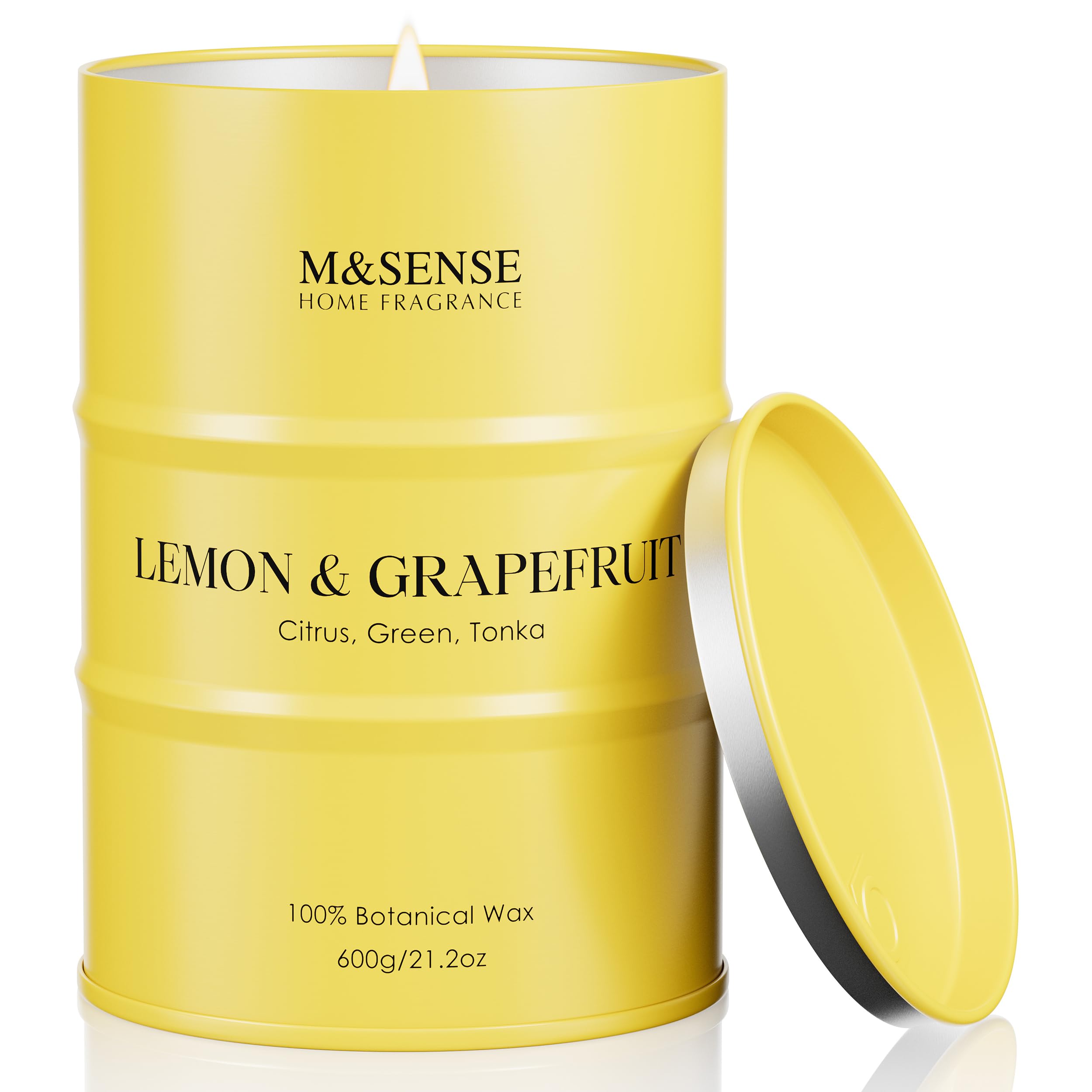 M&SENSE Lemon Grapefruit Scented Candle, Large 600g Soy Wax, Up to 120 Hours Burn Time, Strong Citrus Home Fragrance Candle, Fresh Aromatherapy Gift for Men and Women, Odour Eliminator and Relaxation