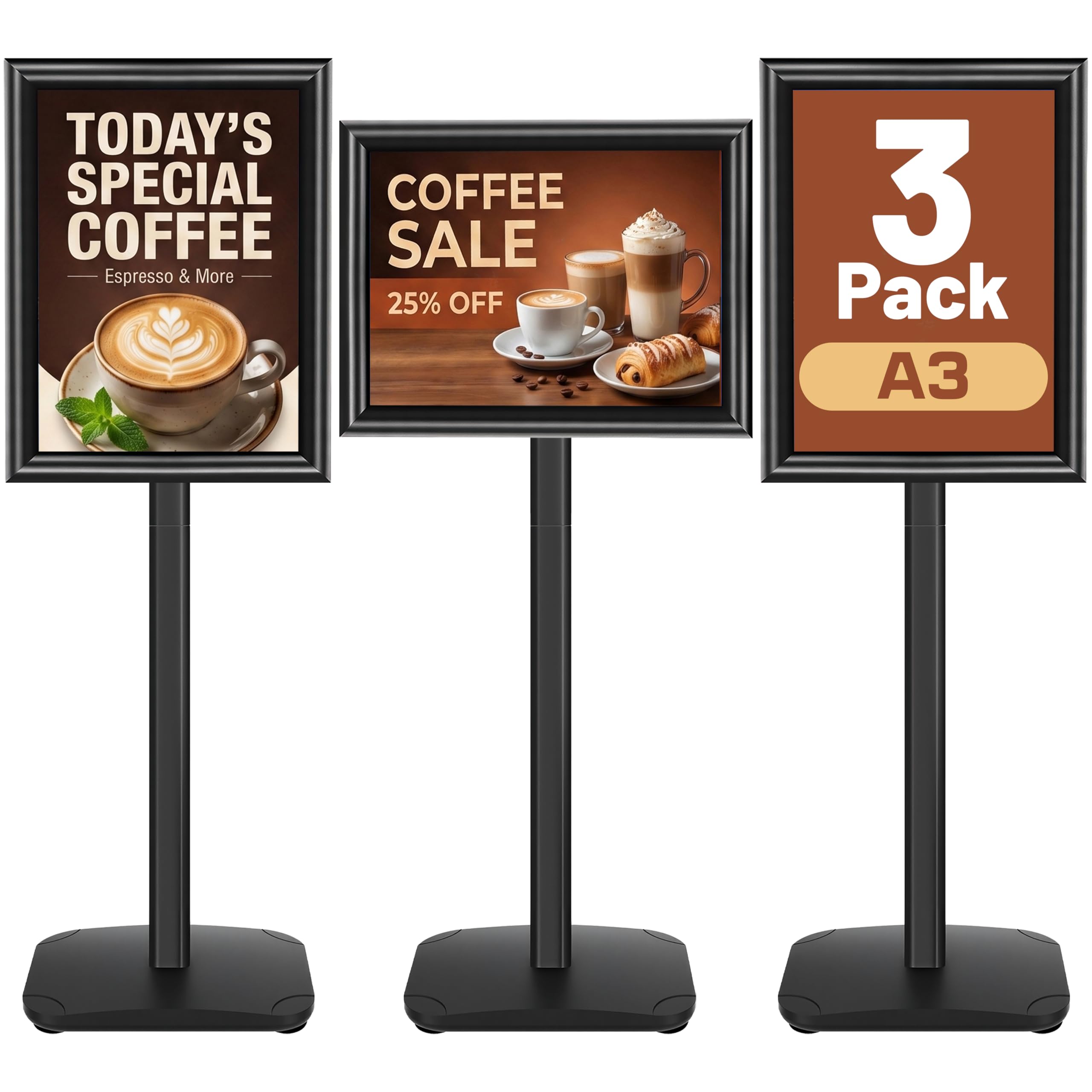 VAIIGO A3 Sign Holder Stand 3Pack - Heavy Duty Floor Standing Poster Display Stand with Snap Frame for Menu Holder, Outdoor Signage, Welcome Sign - Black