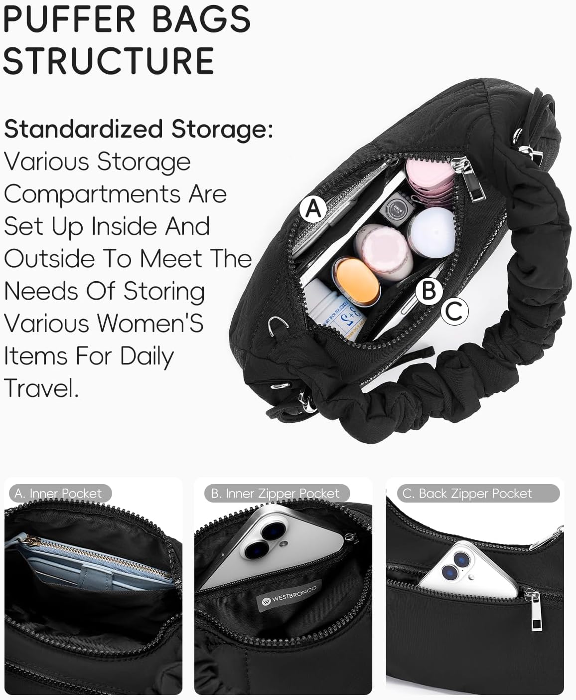 WESTBRONCO Small Puffer Shoulder Bag, Quilted Crescent Crossbody Bags for Women Nylon Daily Purse, Womens Puffy Handbags - Image 3