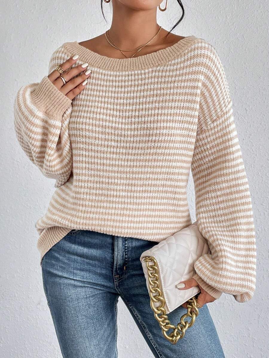 SKAYS Off The Shoulder Sweater Fall Striped Pullover Knit Sweaters for Women Long Sleeve Lightweight Drop Shoulder Tops - Image 5