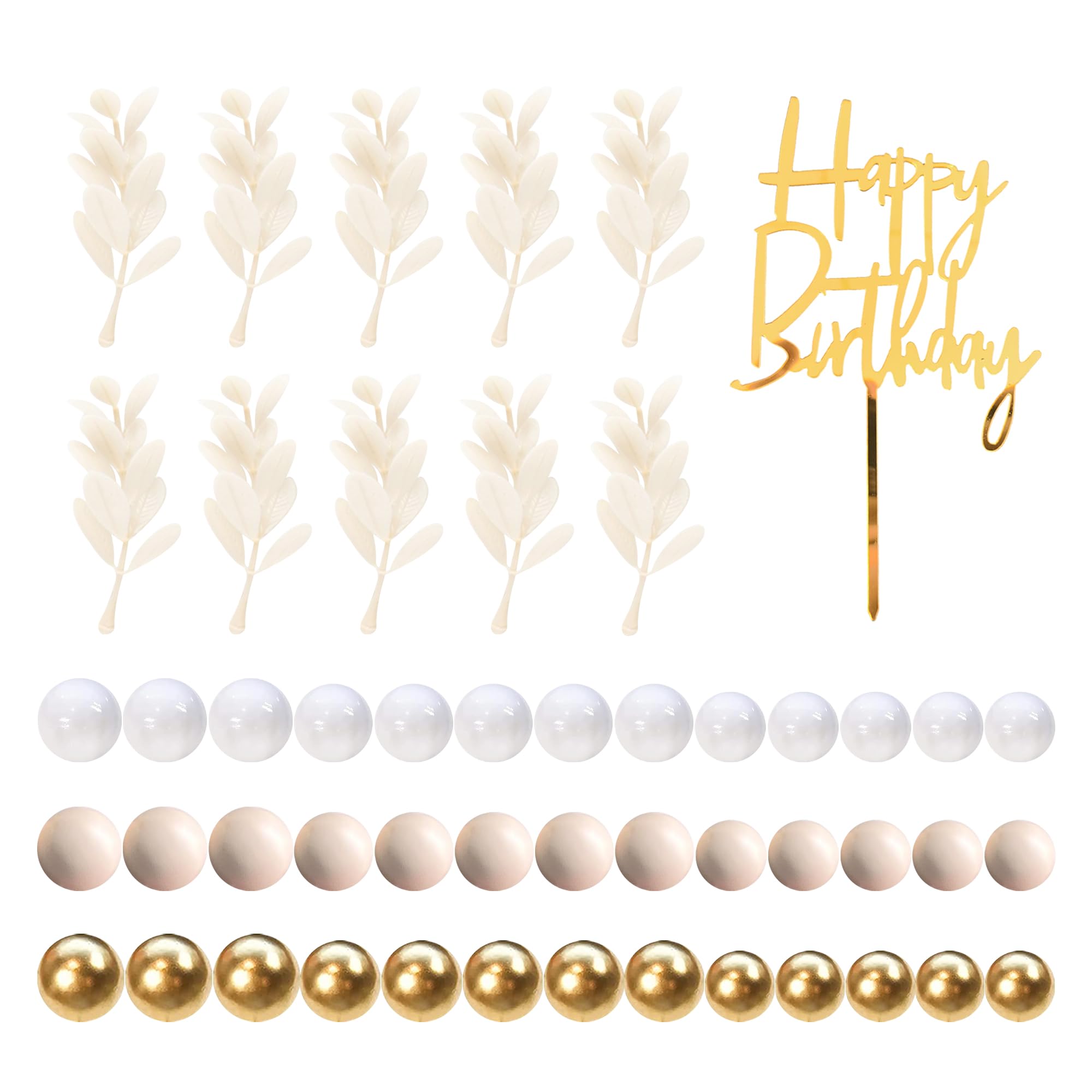 Khaki Balls Cake Topper Boho Grass Cake topper Khaki White Gold Pearl Balls Happy Birthday Cake Decorations for Wedding Birthday Boho Themed Supplies (Khaki)
