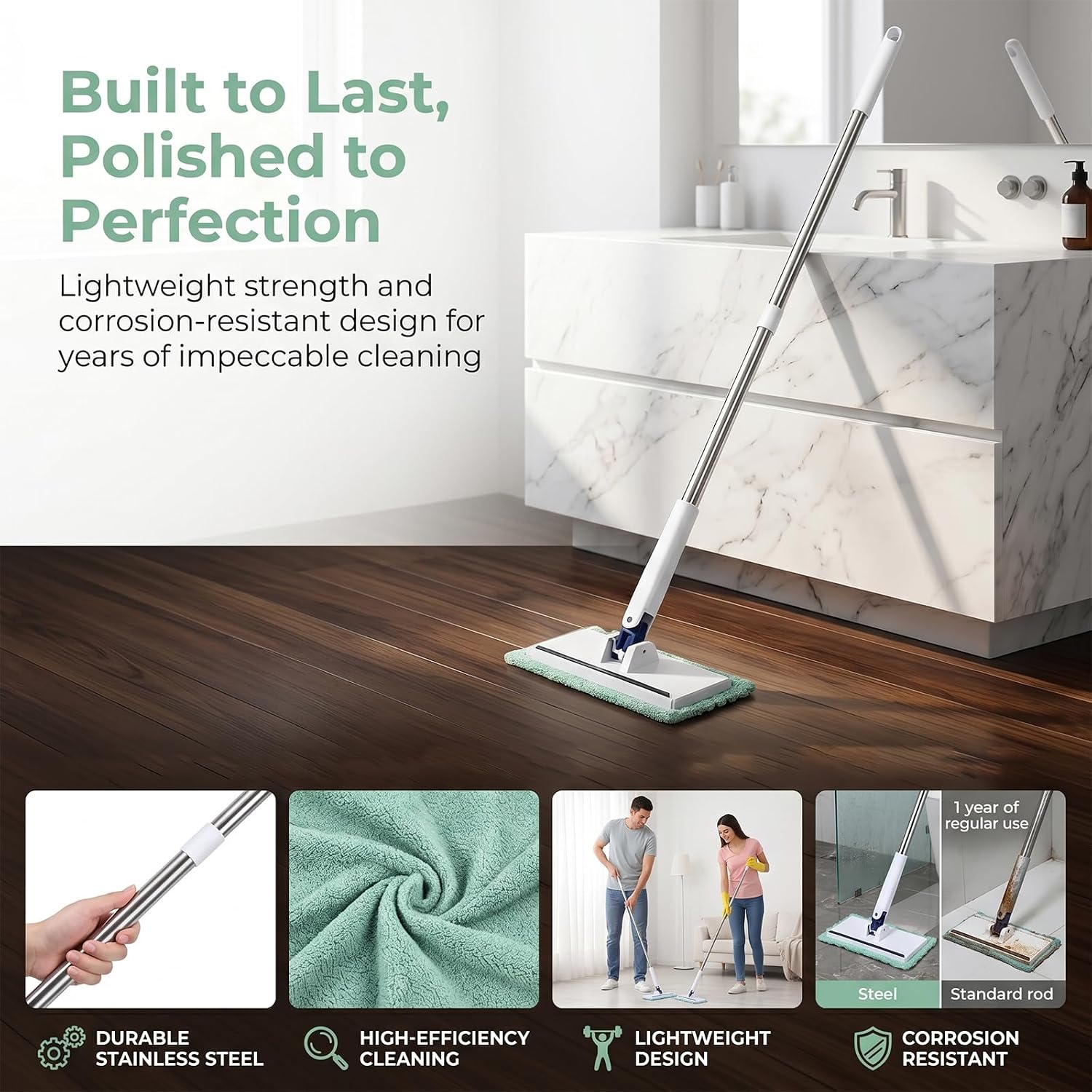 Snap Grip Mini Mop, 42 in Convenient Cloth Changing Mini Mop, with 10 Reusable Cloths, Stainless, One-Click Replacement, for Multi Cleaning