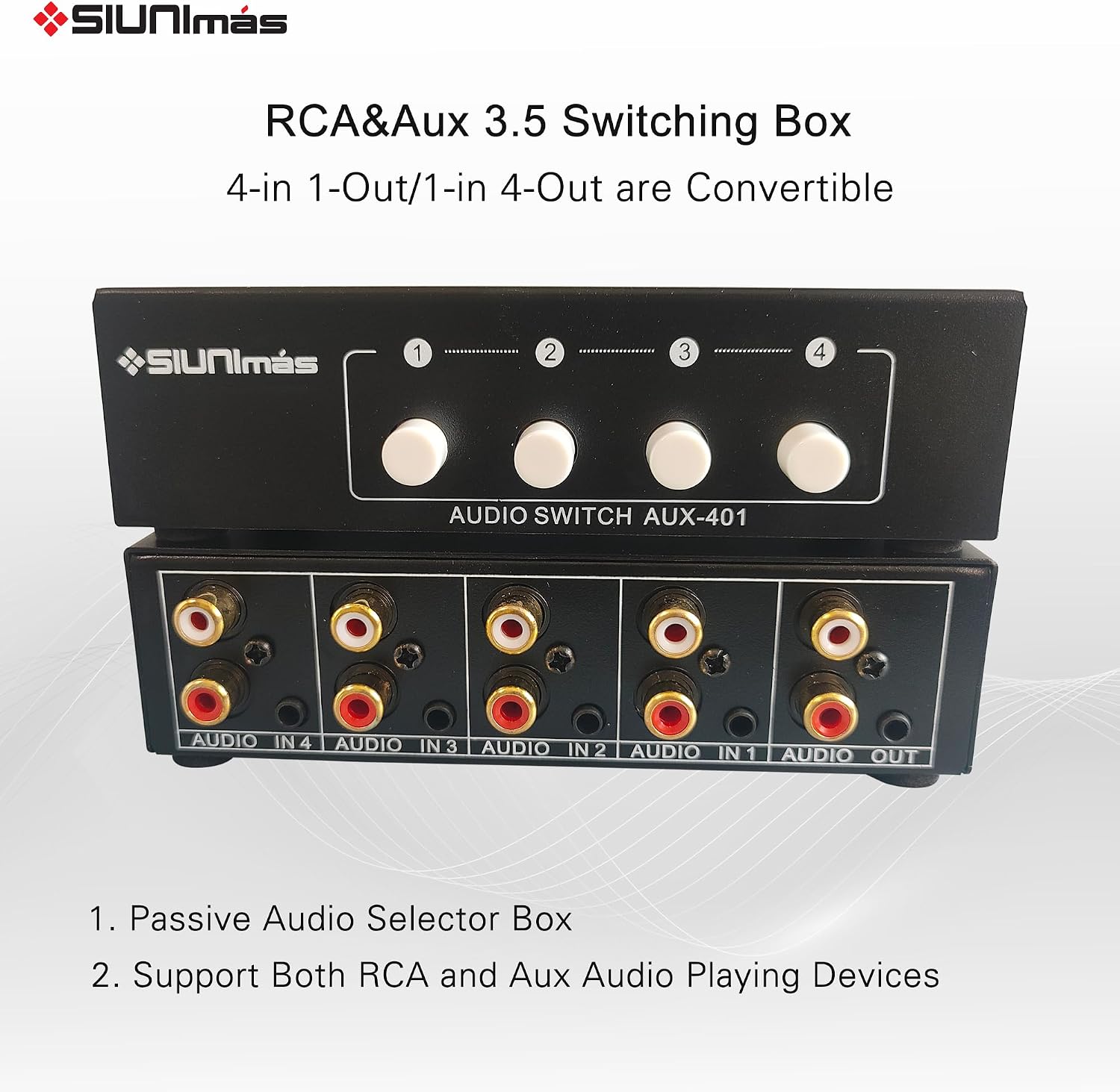 4-in 1-Out RCA and 3.5mm Aux Audio Receiver Switching Box 4 Channels Audio Converter Passive Audio Selector Switch Box 1-in 4-Out (S401-RCA AUX)