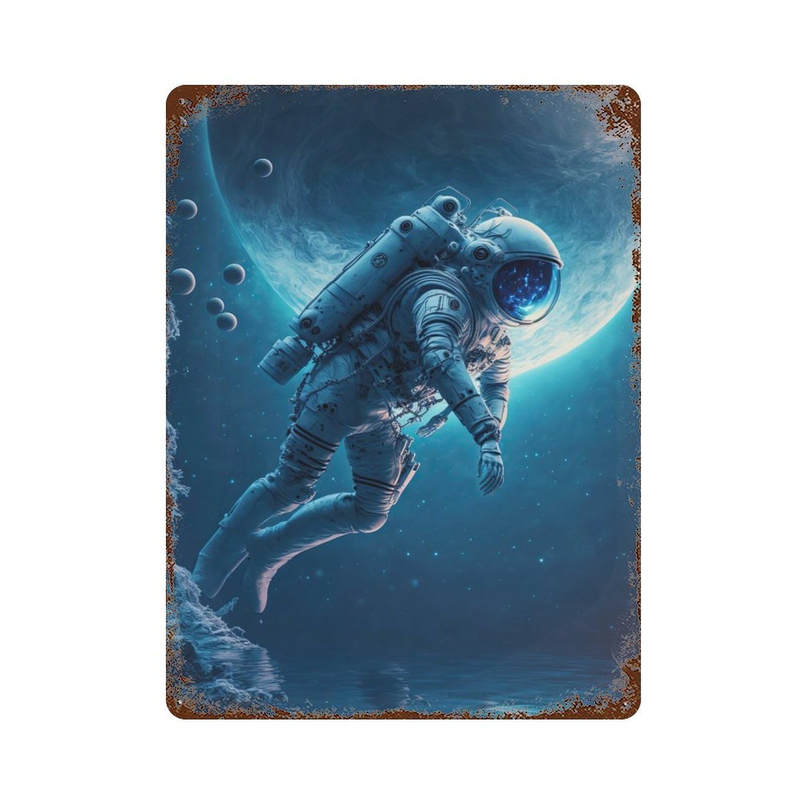 Garage Style Astronaut in The Ocean Rusty Metal Tin Sign 15.7"x11.8", Industrial Home Decor for Bar And Workshop