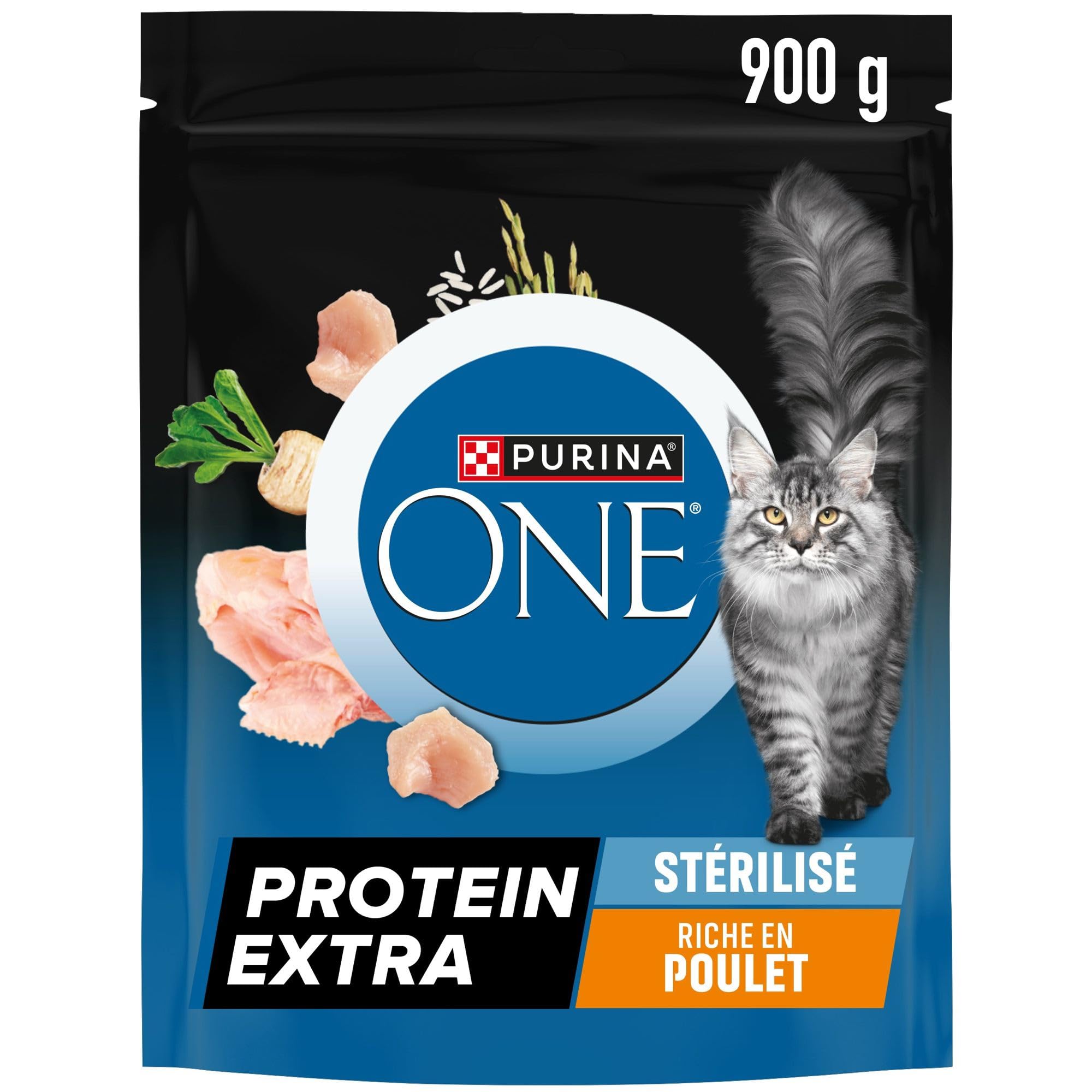 PURINA ONE Dodatkowe białko, sterylizowane karmy dla dorosłych kotów, wysoka zawartość białka i aminokwasów, silne mięśnie, kurczak, zestaw 6 worków po 900 g