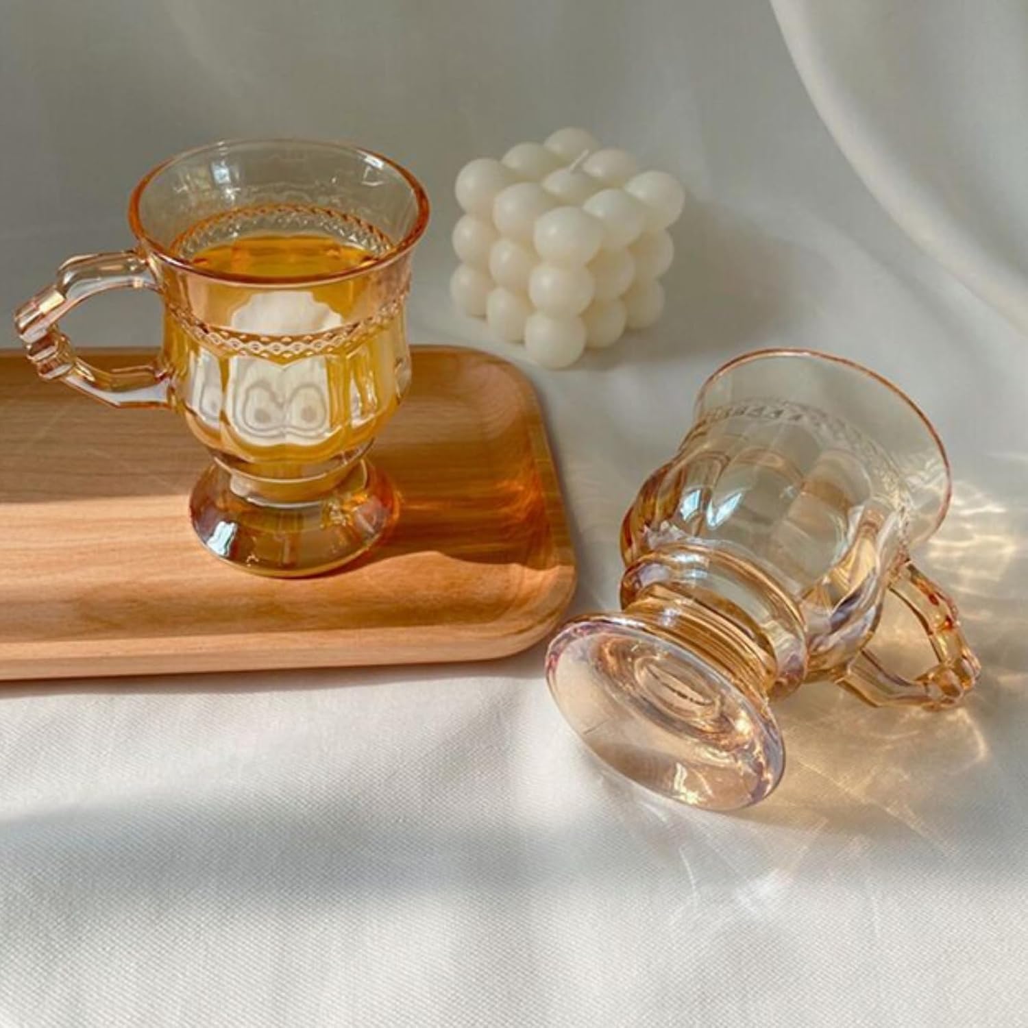 Irish Coffee Mugs, Glass Footed Espresso Cups with Handles, Clear Goblet Mugs Glasses for Coffee, Latte, Cappuccino, Smoothie, Hot&Cold, 4.2 Oz, Set of 2 (Amber)