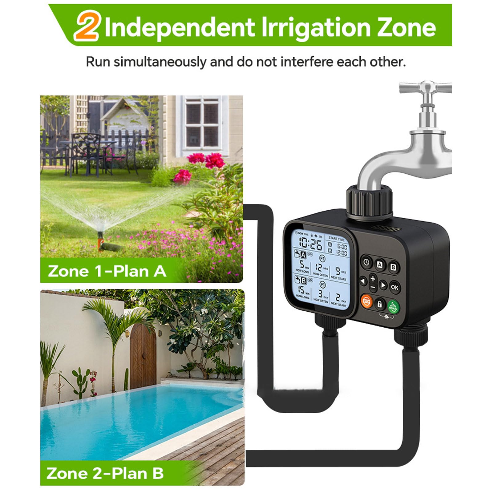 BRRNOO Programmatore per Irrigazione 2 Prese con Display LCD, Pioggia