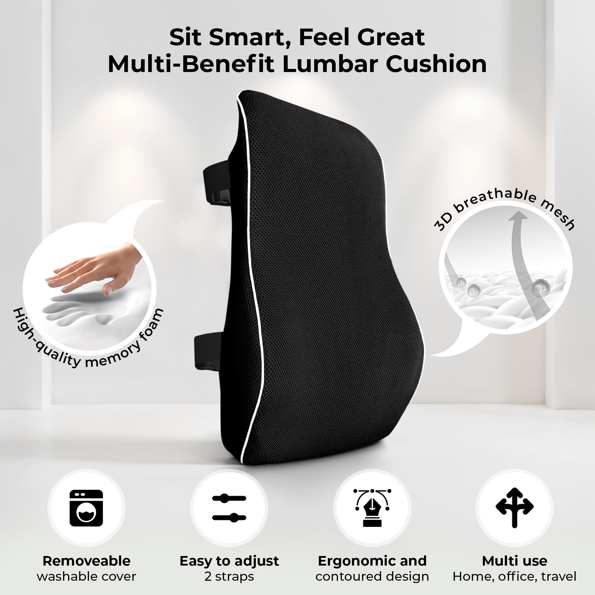 Comfortpad - Cojín de apoyo lumbar | Espuma viscoelástica para aliviar el dolor de espalda | Soporte ergonómico de espalda completa | Para silla de oficina, coche y hogar | Cubierta de malla