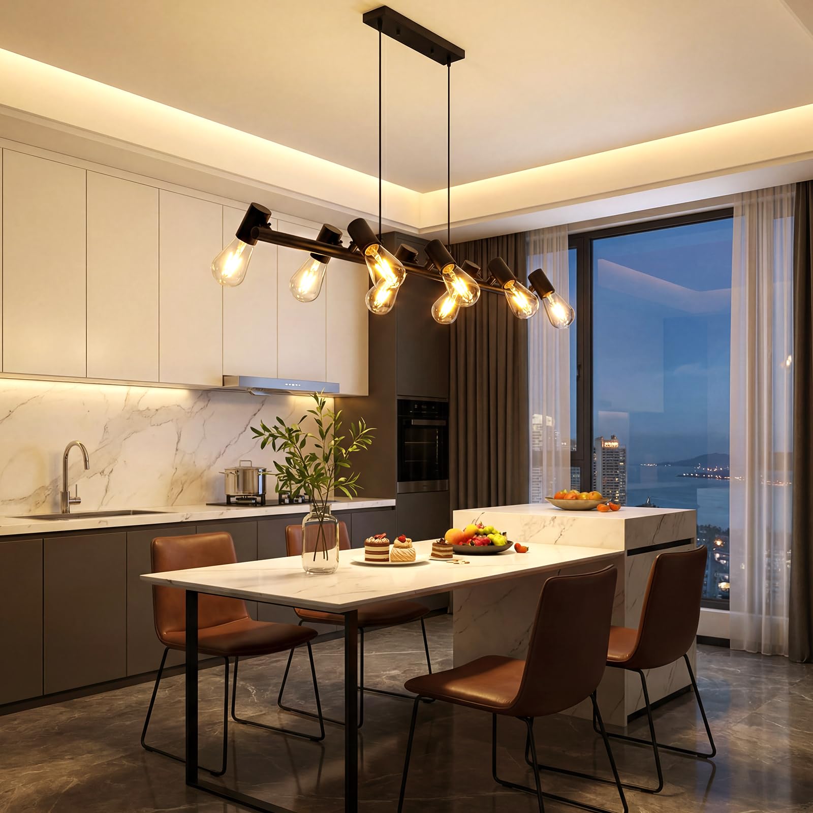VivaLet Lampadario Soggiorno Moderni Nero, E27 Faretti Soffitto a 8-Luci, Testa Orientabile, Lampadario Vintage a Sospensione da Sala da Pranzo Regolabile in Altezza, Plafoniera Industrial per Cucina