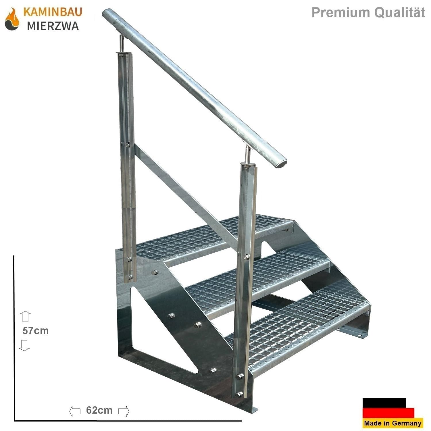 Premium Treppe Freistehend 3 Stufen Geländer Links (Breite 1000 mm) (Höhe 57cm) Wetterfest Gitterroststufe Gartentreppe