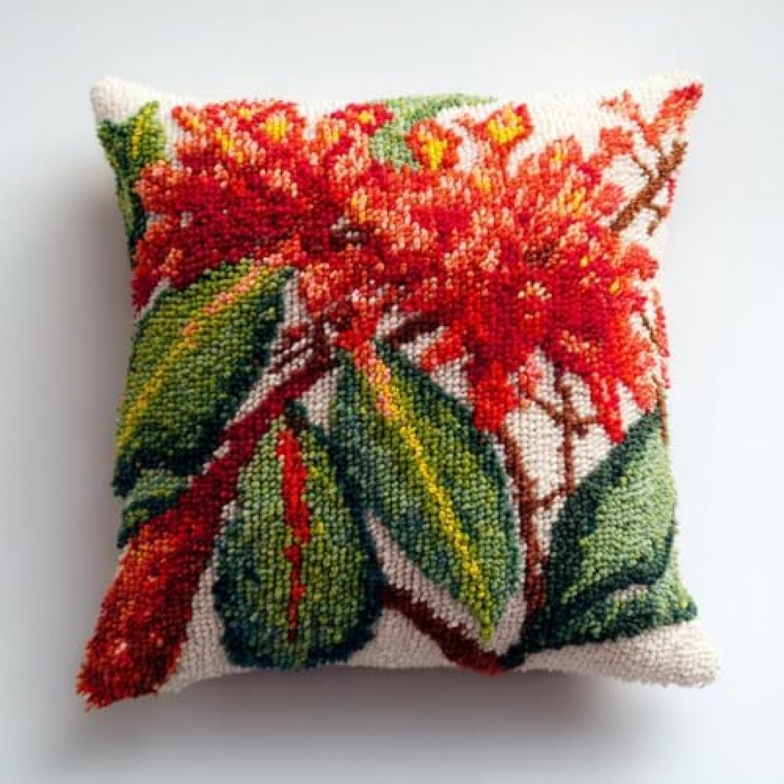 kitphoenix DIY Latch Hook Cushion Kit Nandina Flowers and Green Leaves,Beginner-Friendly Rug Hooking Pillow Kit,Crochet Craft Cushion Cover for Home Decor,43x43 cm-4