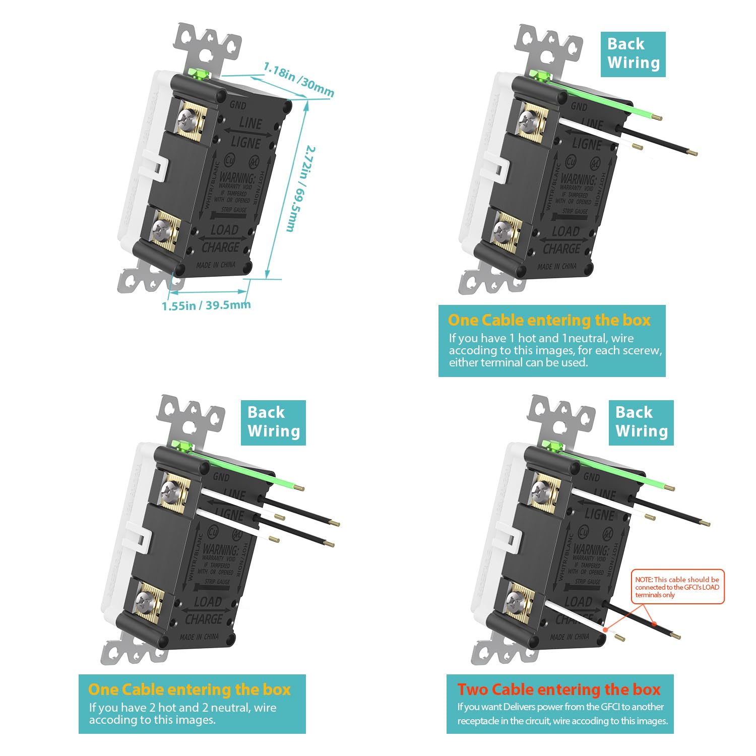 WEBANG Tomas GFCI, resistentes a manipulaciones y a la intemperie, receptáculo GFCI con indicador LED, placas de pared sin tornillos con diseño más delgado, 15 amperios/125 voltios, certificación ETL
