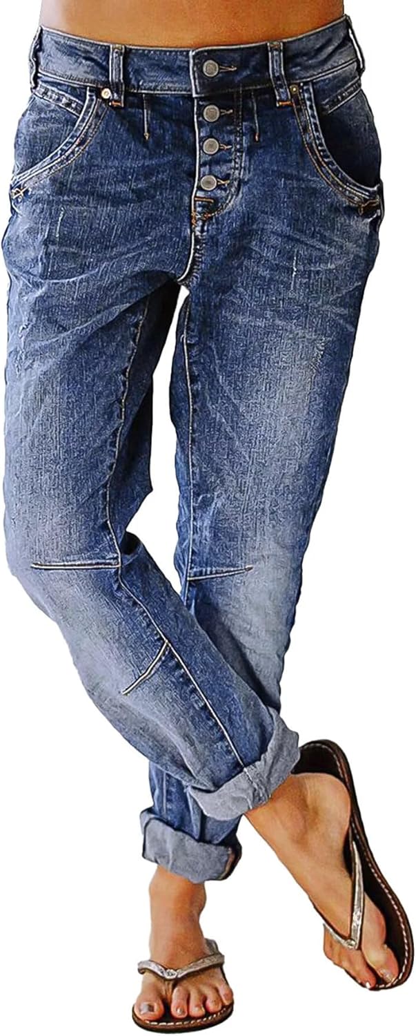 Flamingals Women’s Stretchy Straight Leg Casual Mid Rise Jeans Wash Button Fly Stitch Detail 90s Trendy Denim Jeans