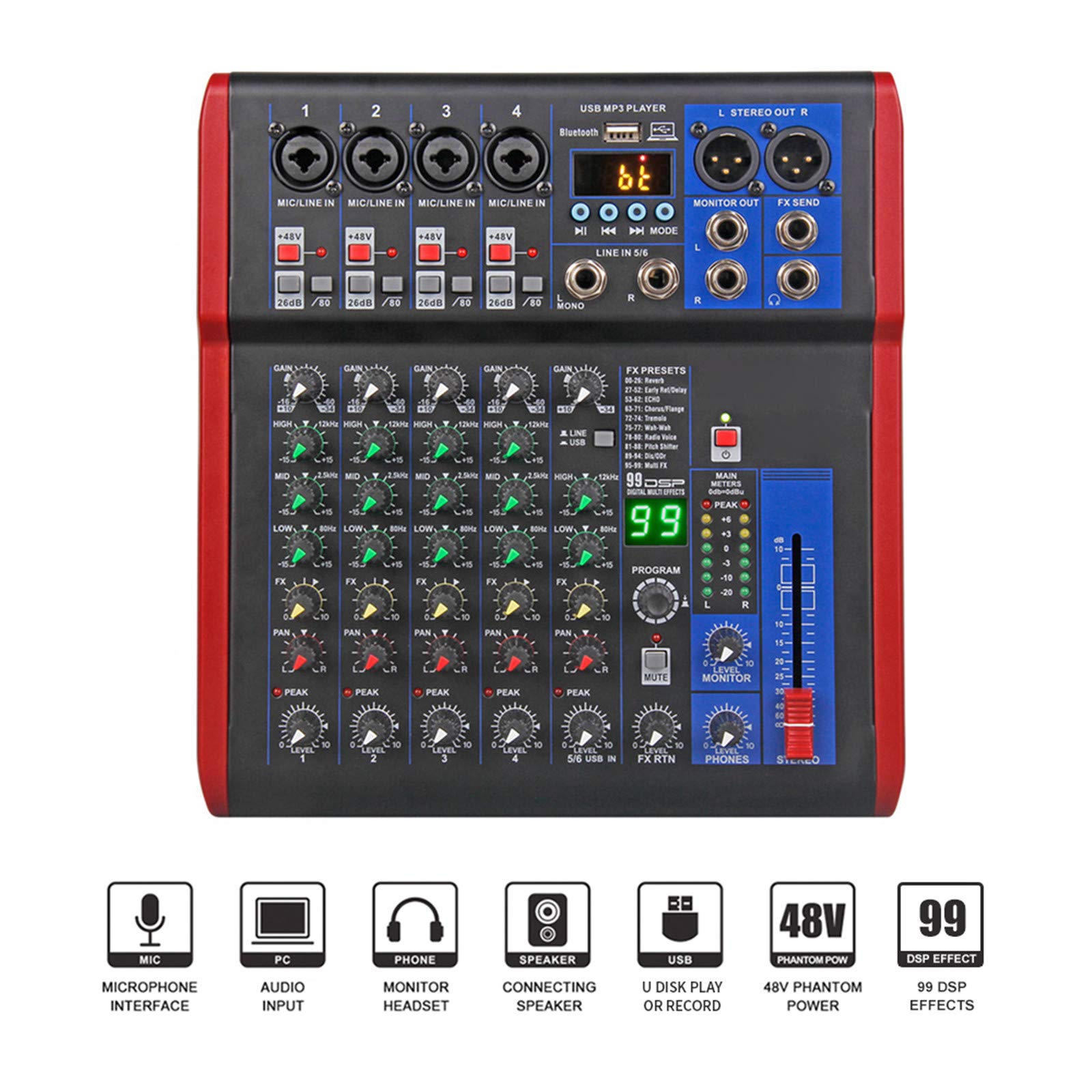 MRKU Mixer Live, Mixer da Studio Controller DJ a 6 canali con Effetto Riverbero 99DSP Mixer USB Bluetooth 5.0 per Karaoke Registrazione PC Microfono a condensatore Mixer DJ