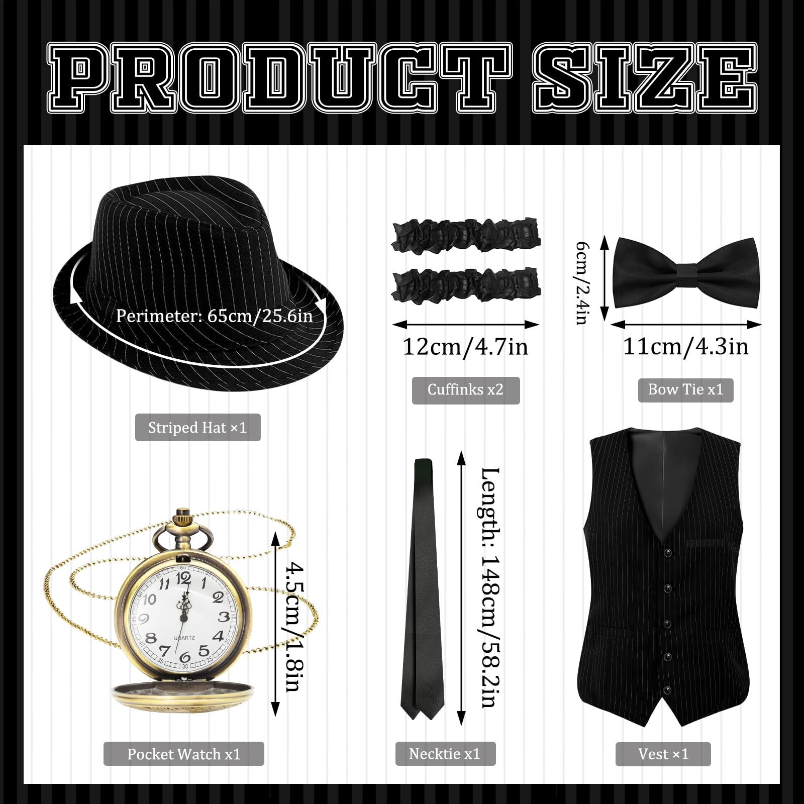 Owdenuy 1920s Gatsby Costume for Men,1920s Men Fancy Dress Stripe Vest Accessories Set - Image 2