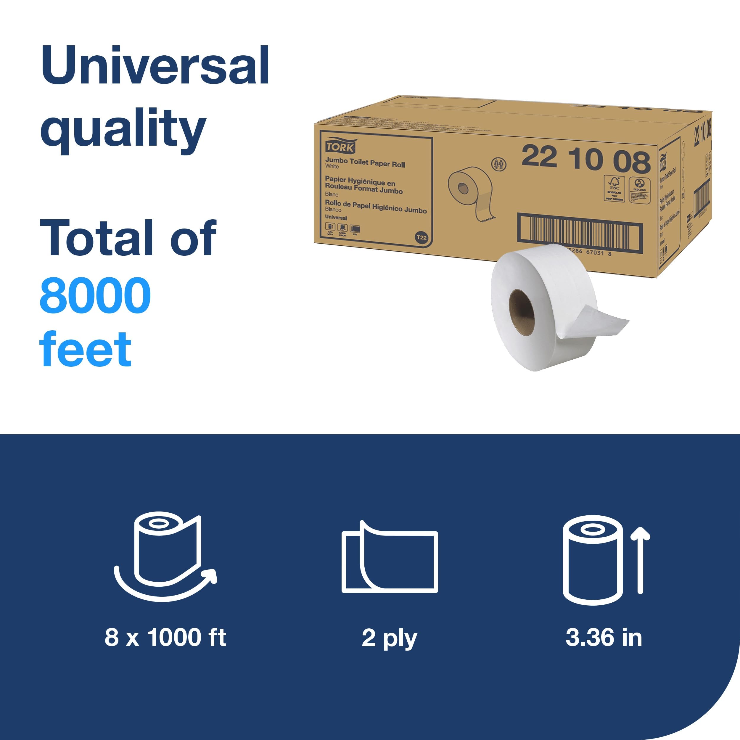 Tork Rollo de papel higiénico jumbo blanco T22, universal, 2 capas, 20,3 x 3,5 m, 221008