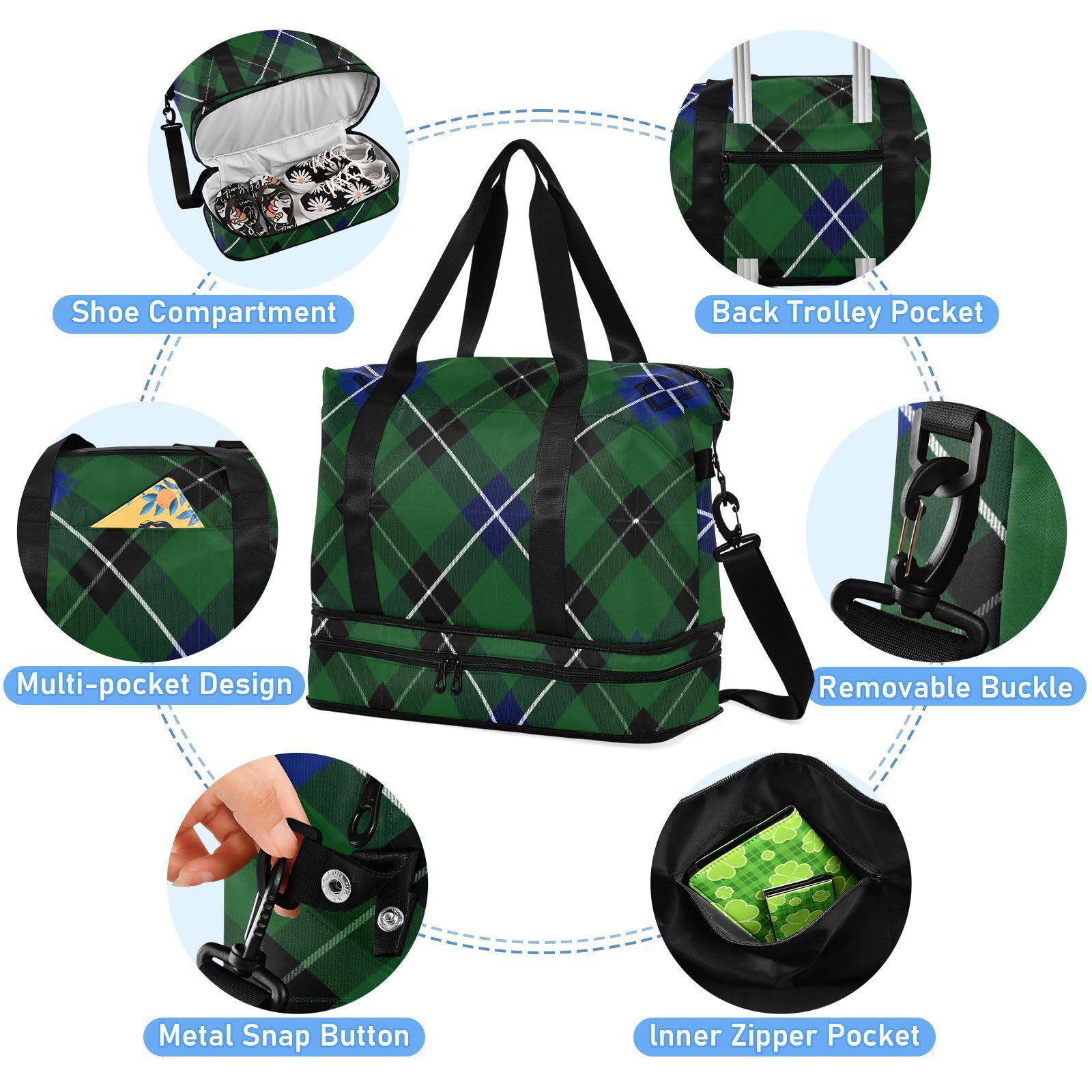 Bolsa de fin de semana con bolsillo húmedo, correa ajustable, color verde a cuadros escoceses, para viajes en avión, gran capacidad para hombres y mujeres