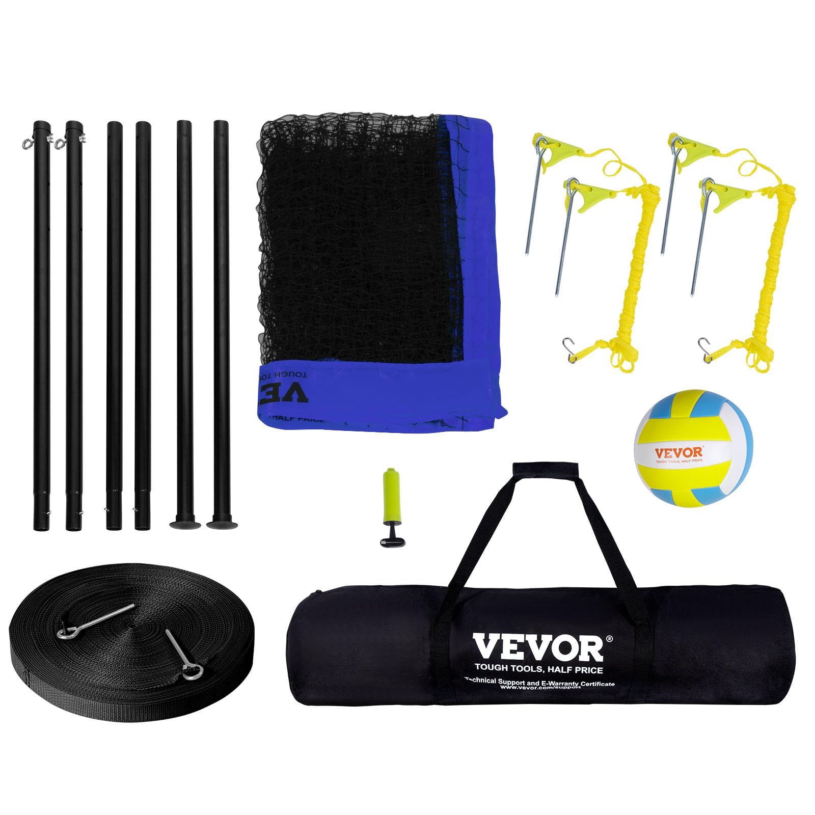 VEVOR Filet de Volley-Ball Portable d'Extérieur, Poteaux en Acier à Hauteur Réglable, Ensemble de Volley-Ball Professionnel avec Ballon de Volley en PVC, Pompe et Sac, pour Jardin, Plage, Pelouse