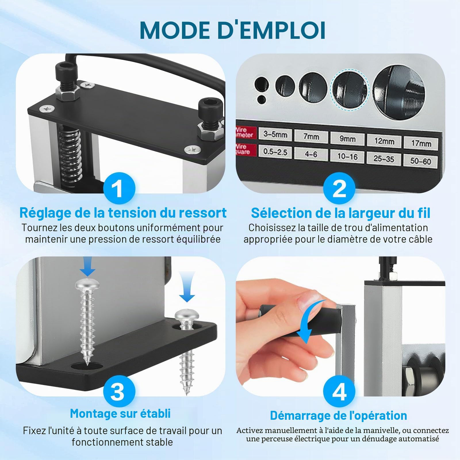 Machine à dénuder manuelle, machine à dénuder de câbles pour câbles de 3 à 17 mm, machine à dénuder de câbles avec 6 canaux et 5 lames avec poignée amovible, machine à dénuder de câbles pour fil de