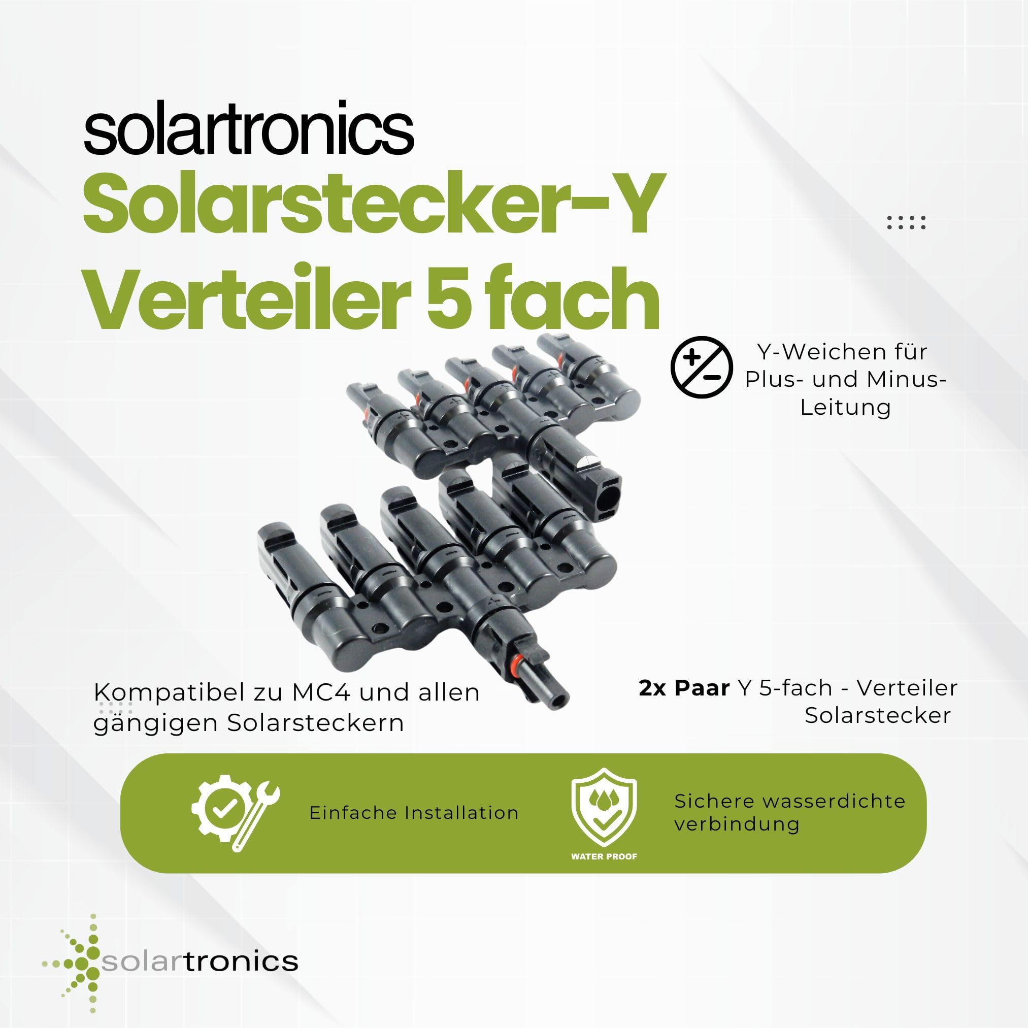 SOLARTRONICS 2 pary złączy Y do kabla solarnego, fotowoltaicznego, 5-krotnego rozdzielacza, 1000 V PV, złącze kabla solarnego, wodoszczelne IP67, odporne na działanie promieni UV