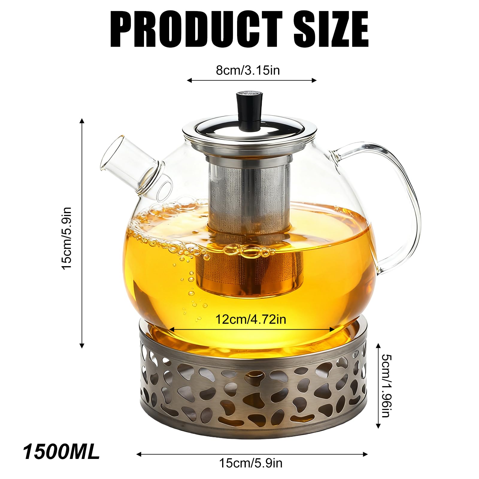 Teiera in vetro borosilicato da 1500 ml, con colino, fornello e coperchio, lavabile in lavastoviglie, per tè sfuso, tè alla frutta, mantiene caldo a lungo (1,5 l, lavabile in lavastoviglie)