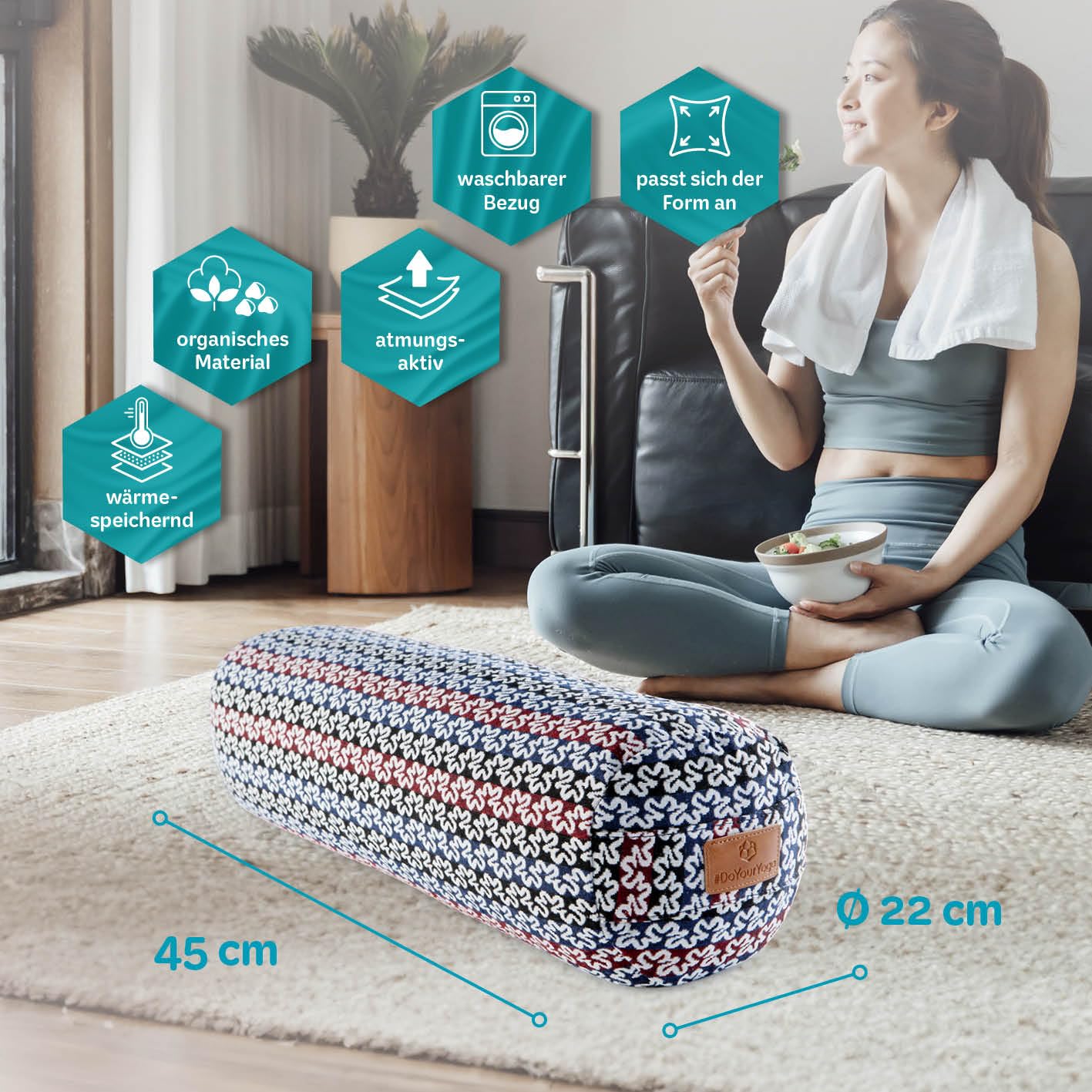 #DoYourYoga Zylinder Yogabolster | 68cm x 22cm | Gefüllt mit Bio-Dinkelspelz oder Bio-Buchweizenschalen (KBA) | Waschbarer Bezug | Yogakissen & Meditationssitz | Zafukissen für Yin Yoga