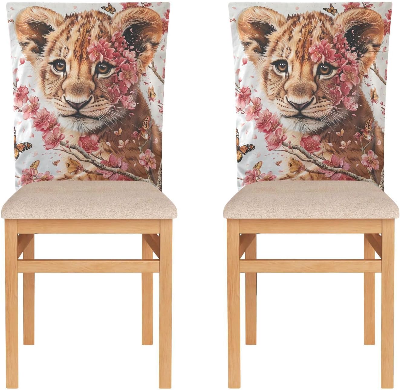 ALAZA Vintage Lion Pink Flowers Butterfly Chair Back Cover Set of 6, Washable Reusable Removable Chair Slipcovers Decorative Chair Cover for Home Kitchen Wedding Party