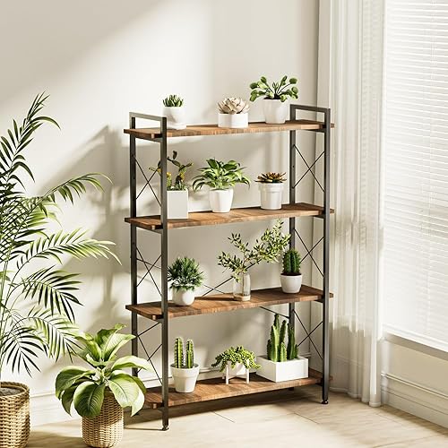 Miniatura 6 de Estantería alta de 4 niveles, estantería industrial de metal de madera, estantes de almacenamiento abiertos modernos y rústicos con almohadillas