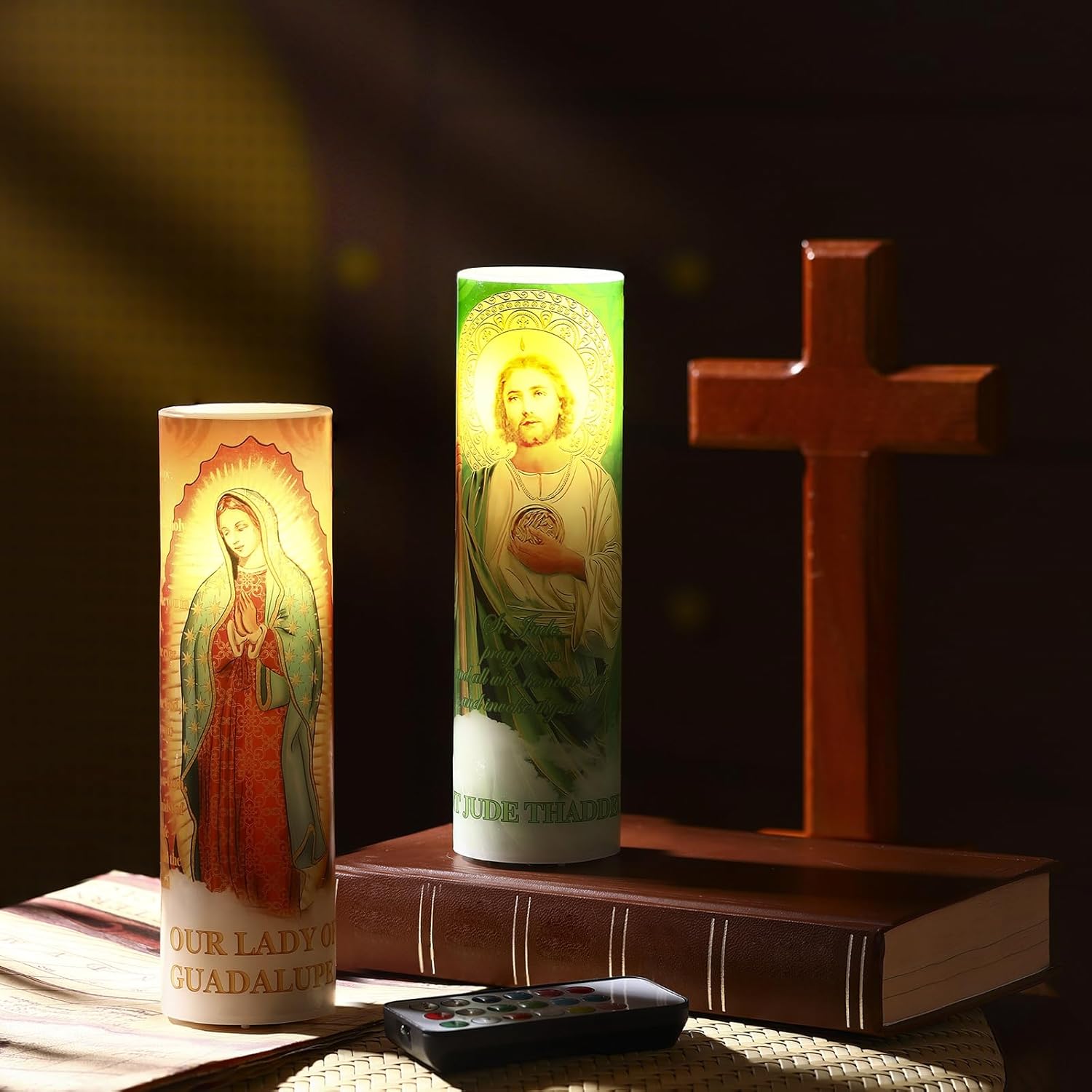 Landhoow 2 Pcs Religious Flameless LED Prayer Candle Real Wax Baptism Candle Set Our Lady of Guadalupe and St. Jude Battery Operated Candles with Remote Control