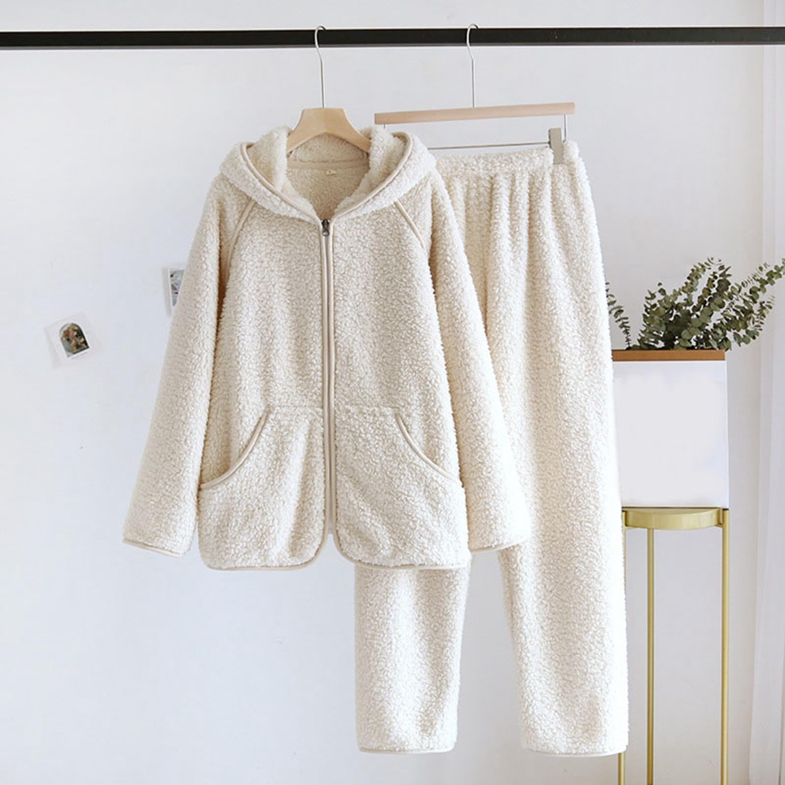 Pijama para mujer, otoño e invierno, juego de pijama de felpa de dos piezas de manga larga gruesa de franela y pantalones de 2 piezas cálido traje de casa de forro polar ropa de salón térmica