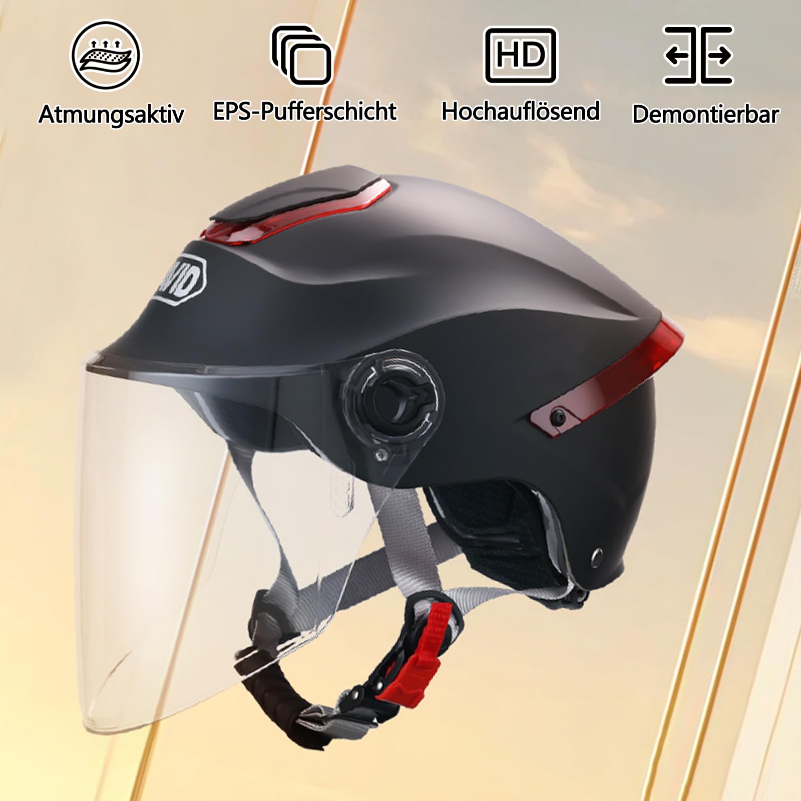 Klassischer Offener Helm, Halbhelm Mit Visier, Verstellbarer Kopfumfang, 709abs-Schale Kombiniert Mit EPS-Dämpfung
