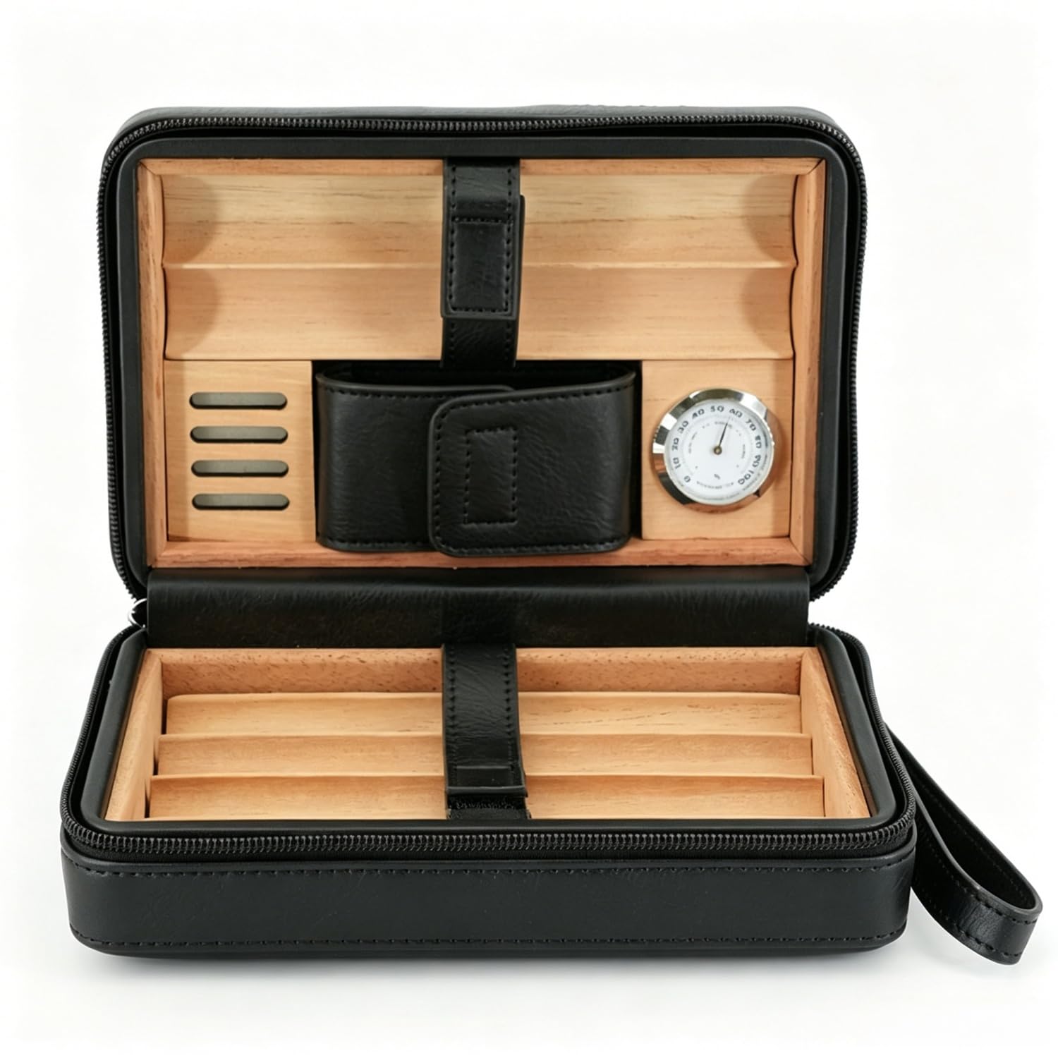 Humidor de puros de madera de cedro con bandeja extraíble, higrómetro, humidificador desmontable, tubo de goteo y bolsillo para tarjetas – Regalo de lujo para papá o esposo,Negro