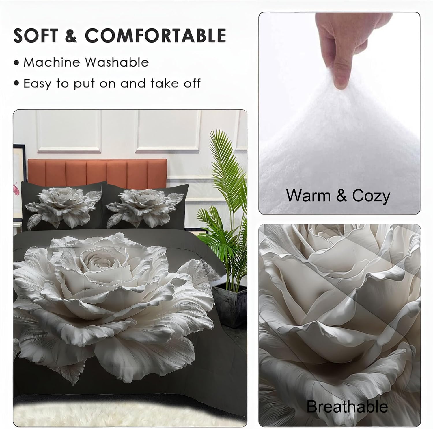 Plaster Texture Comforter Set King Size, Luxury Roses Bedding Set for Girls Boys, Grey Quilt Bed 104"X90" Bedding Comforter Sets with 2 Pillowcase Room Decor