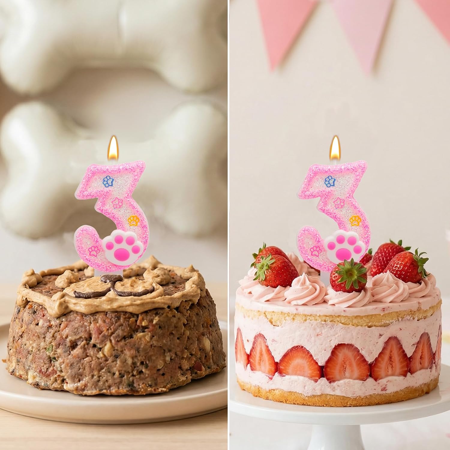 Pink Number 3 Birthday Candle with Paw Print Design, Cat and Dog Theme Cake Topper for Party Decorations for Pet Party Decor Anniversary Celebrations Supplies (Pink, Number 3)