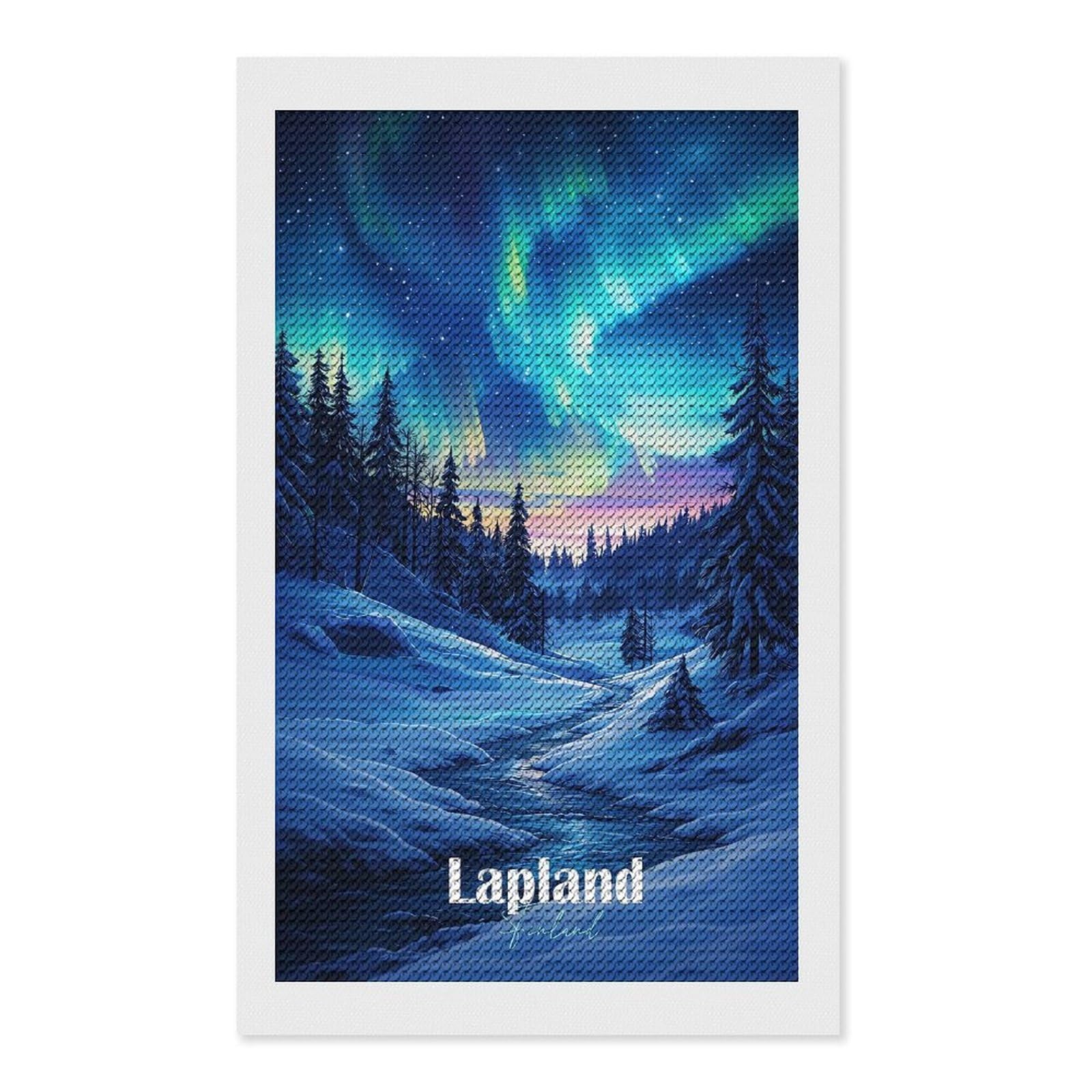 Junmoney Lapland Finland Aurora Borealis Diamond Painting Canvas Kit 12"x20", Adhesive Canvas, Christmas Gift, Full Kit Included, Thoughtful Present