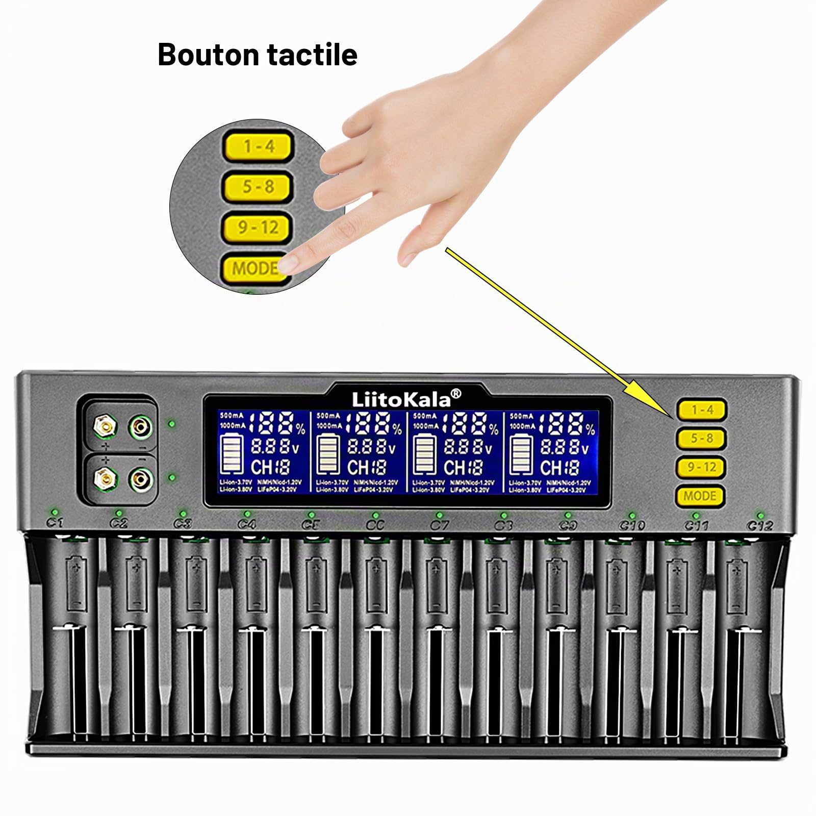 LiitoKala Lii-S12 18650 12 Bay Chargeur de Batterie Universel Rapide et Intelligent avec écran LCD,pour Li-ION(IMR/ICR) LiFePO4 Ni-MH/CD 18650 21700 26650 18350 14500 RCR123 9V Batteries AA AAA C