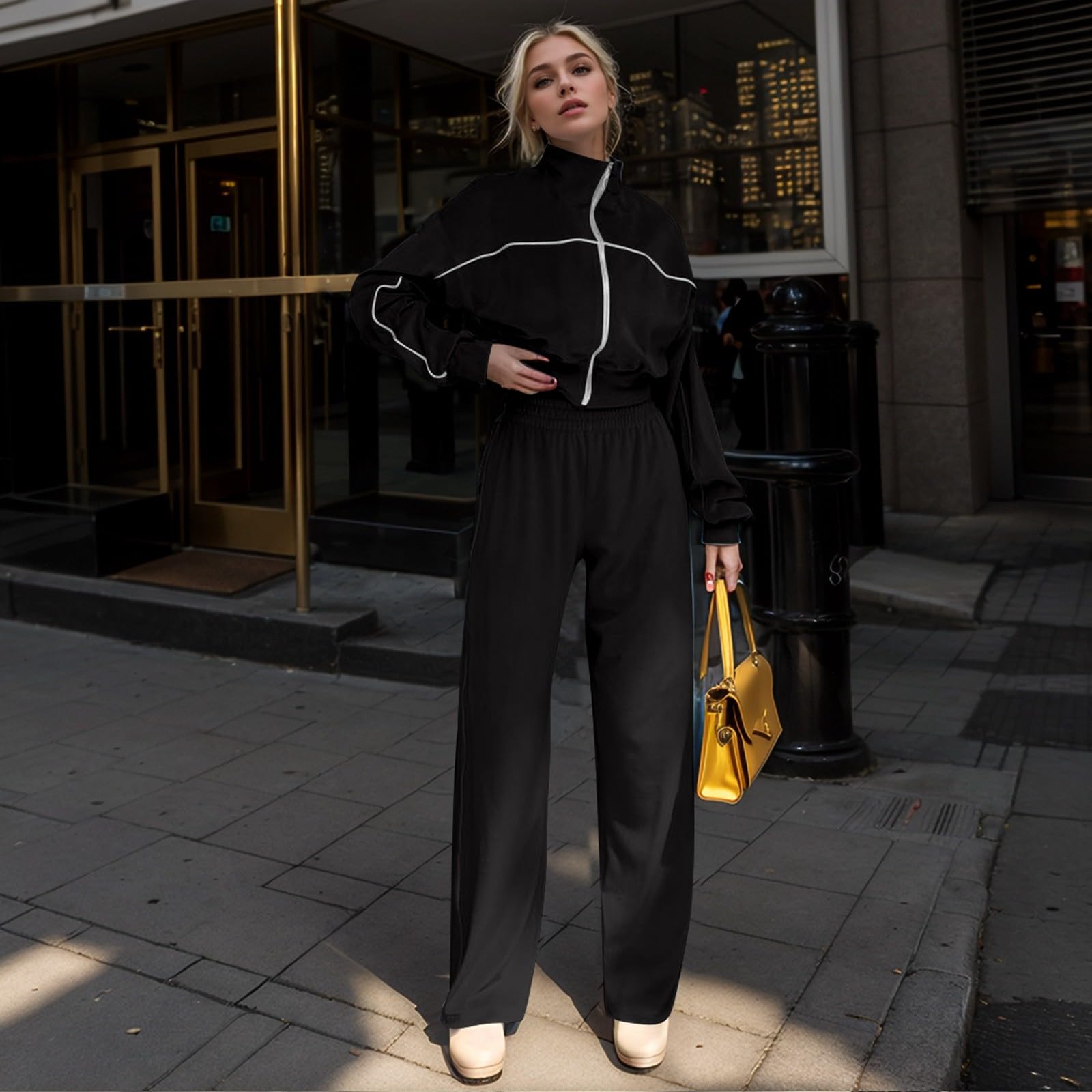 Generico Tuta Elegante Donna Autunno Inverno In Velluto Con Giacca A Cerniera Maniche Lunghe E Pantaloni Dritti Look Sportivo E Caldo Tuta Elegante Donna