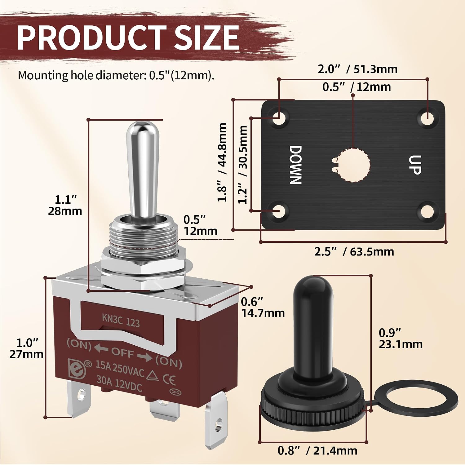 Momentary Toggle Switch Waterproof 12V DC 30A SPDT 3 Way 3 Pin (ON)-Off-(ON) with Up Down Mounting Panel, Weatherproof Cap Cover for Marine Boat RV Auto
