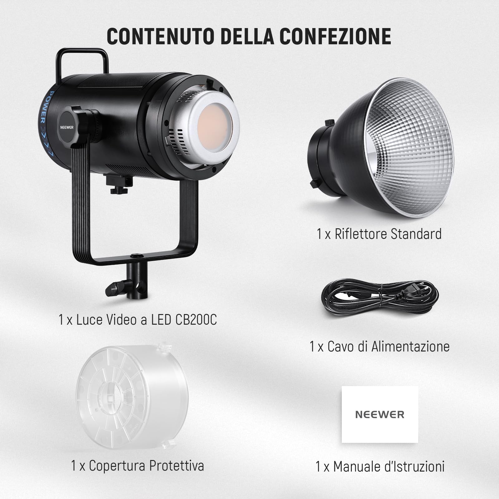 NEEWER CB200C 200W Luce Video a LED COB RGB, Controllo APP/2,4G Spettro Cromatico a 360° 2500K-7500K Luci Studio 23000lux/m 17 Scene Bowens Mount, Illuminazione Continua TLCI/CRI97+ per Foto Video