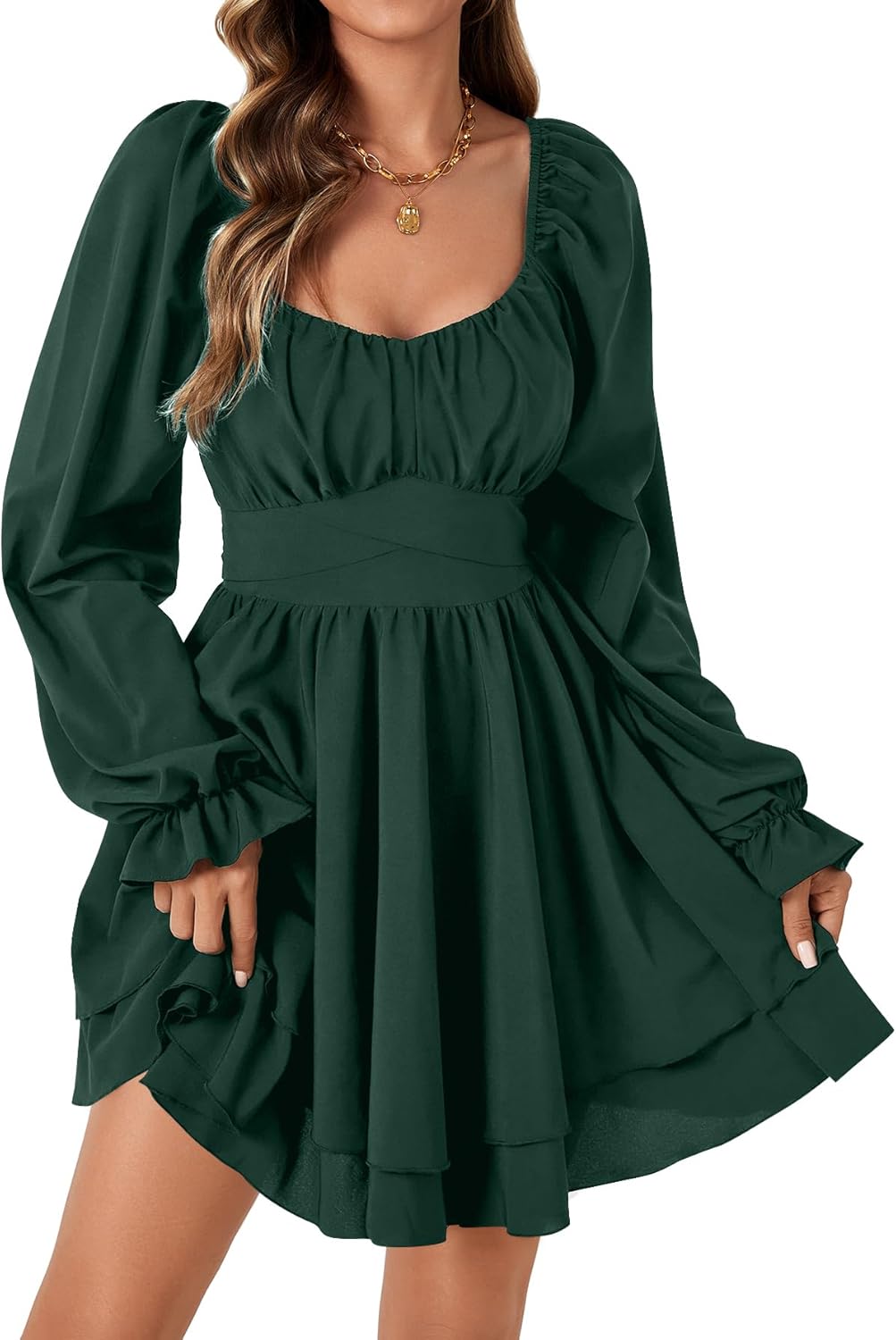 Rooscier Women's Lantern Flounce Long Sleeve Ruffle Layer Tie Mini Short Dress - Image 2